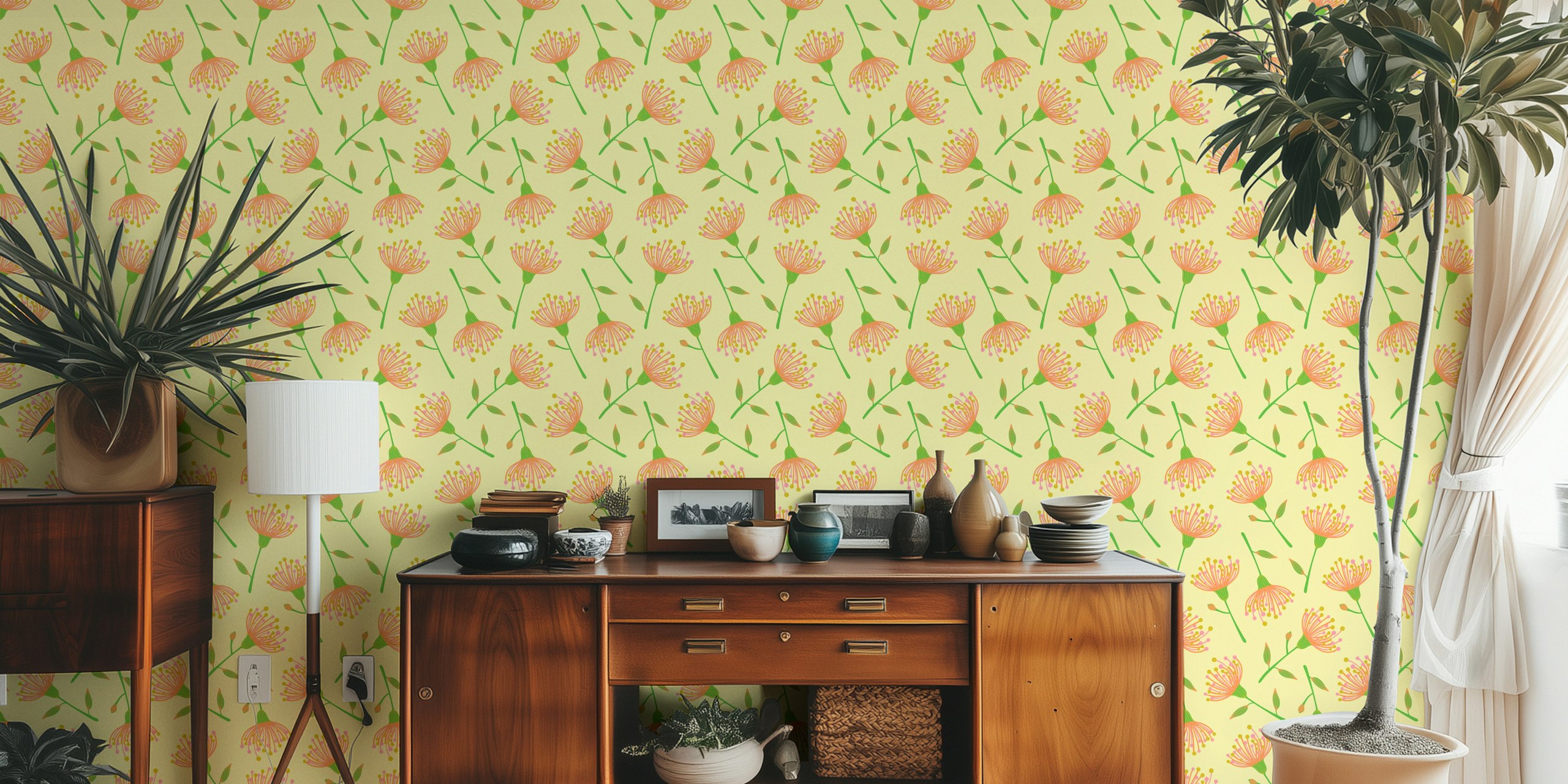 Eucalyptus floral wallpaper with light yellow background