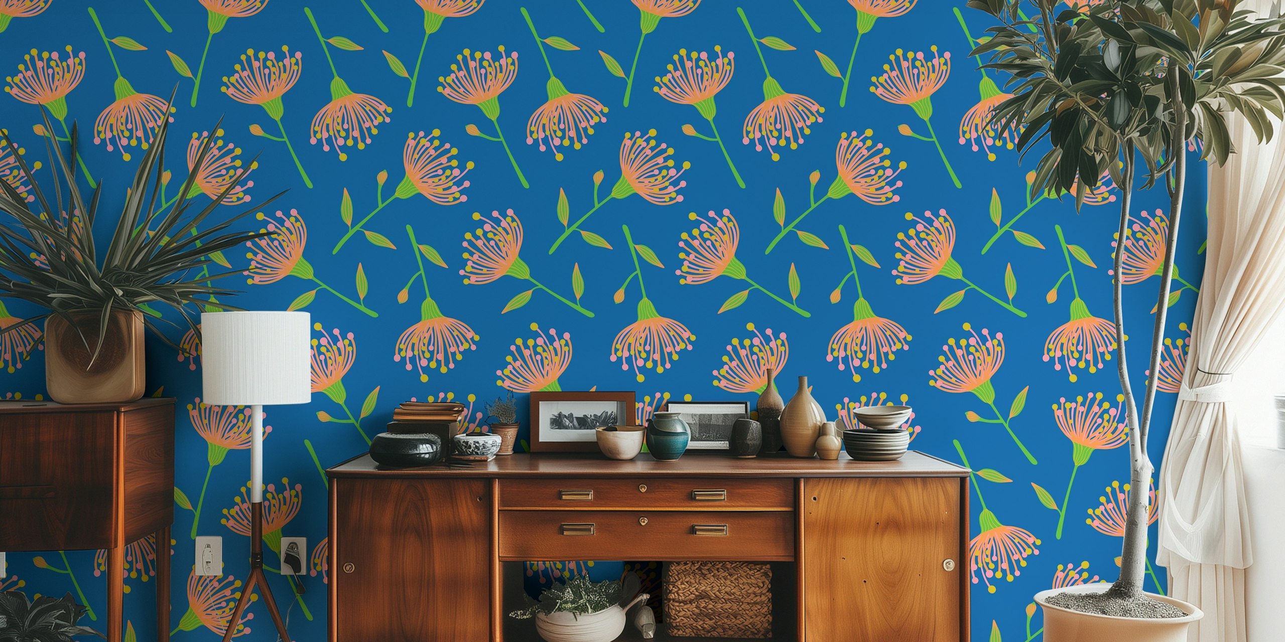 Eucalyptus Tossed Floral Wallpaper in room setting