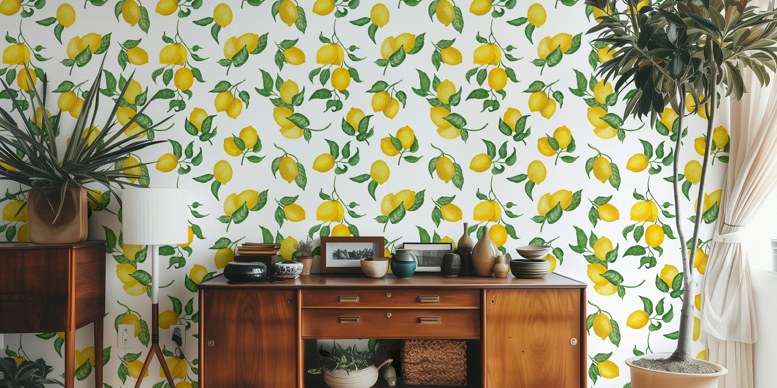 Gouache Lemon -tapettimuotoilu huoneessa