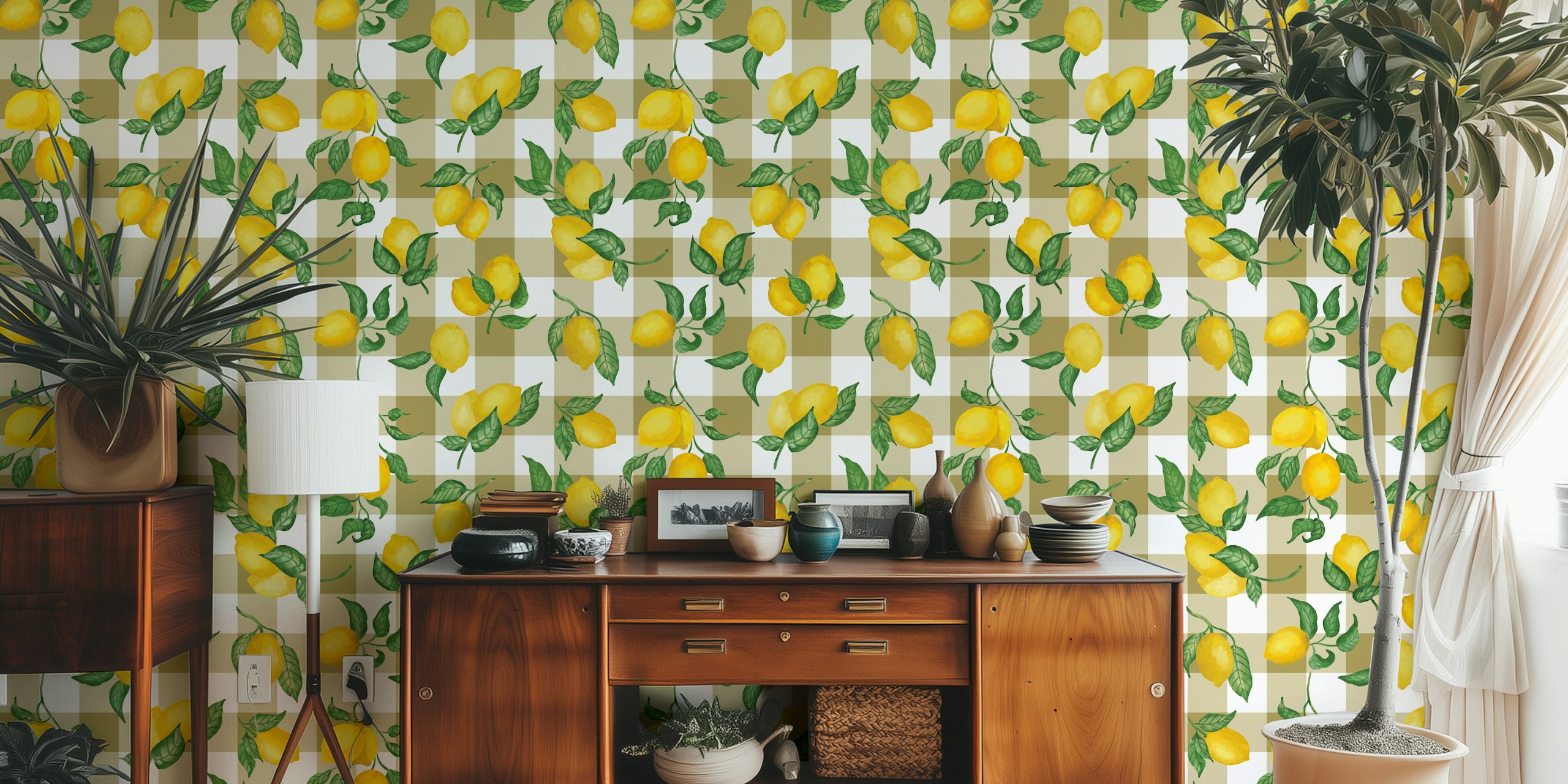 Lemon branches with green leaves on a bronze gingham background wallpaper