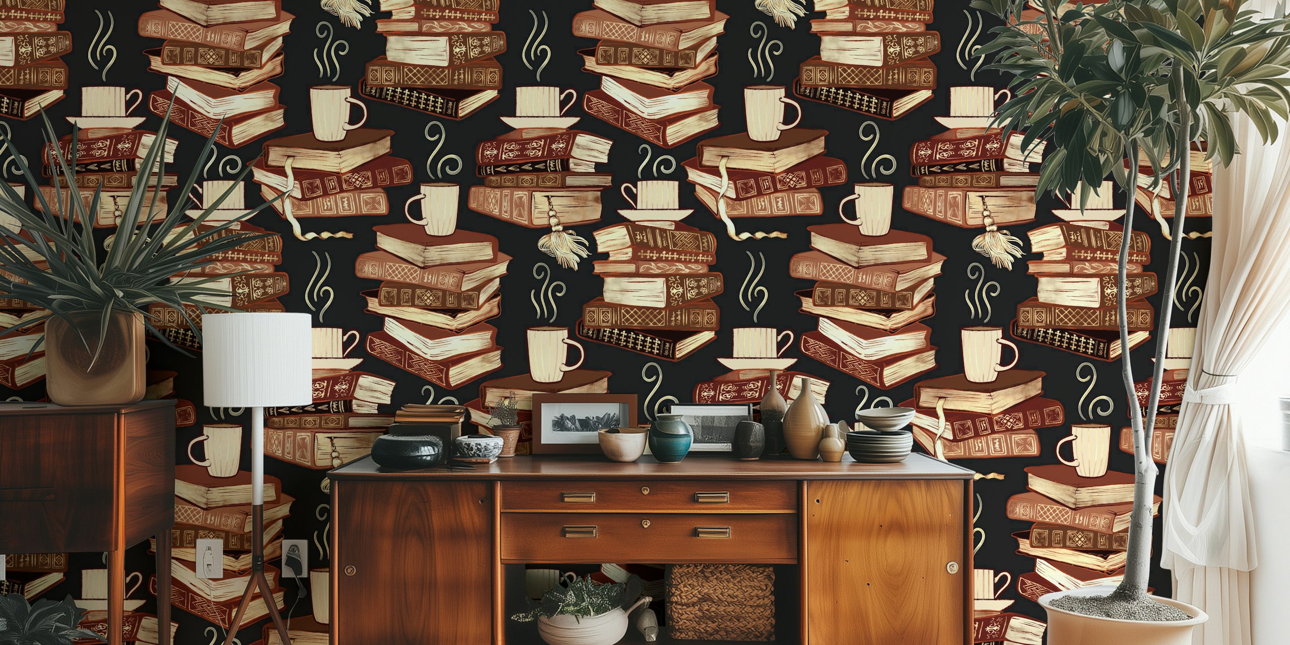Design della carta da parati Bibliophile's Hygge in una stanza