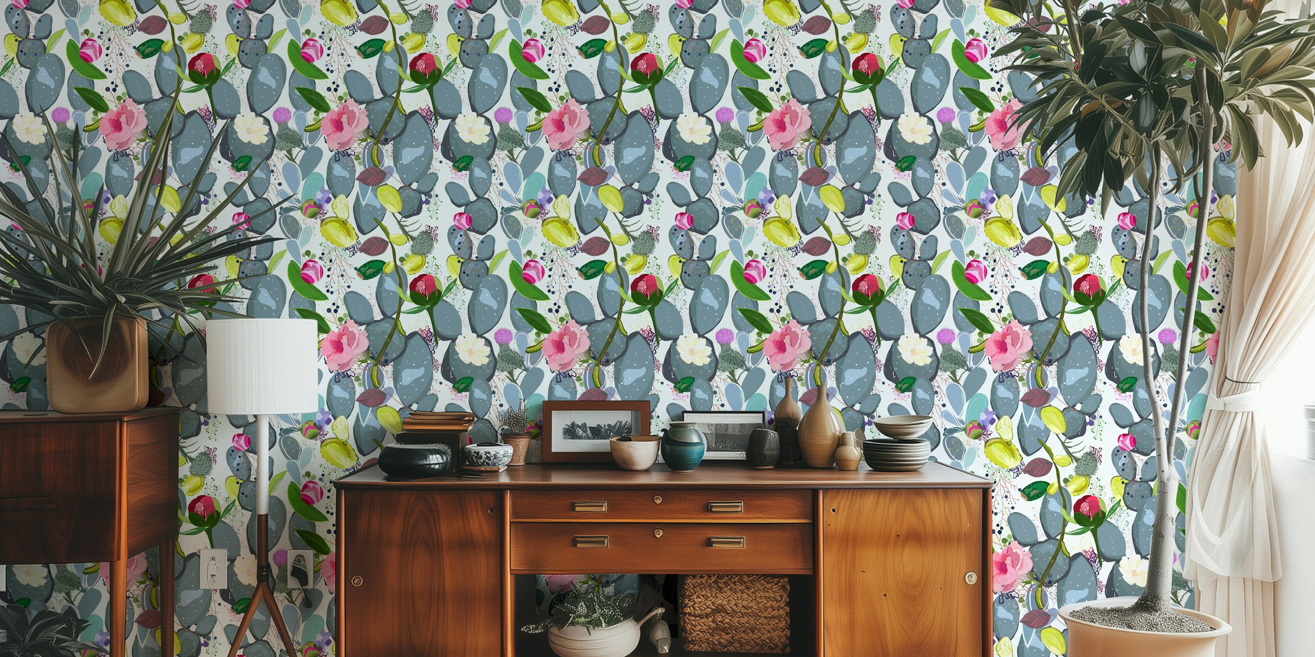 Cactus and colorful flowers pattern wallpaper