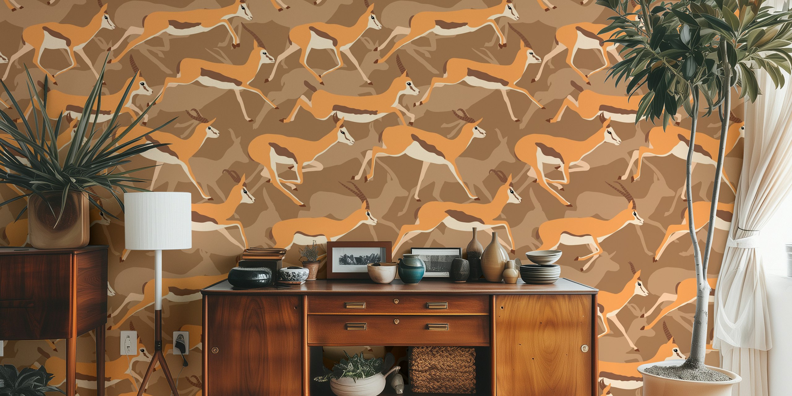 Wallpaper with running gazelles on a brown background