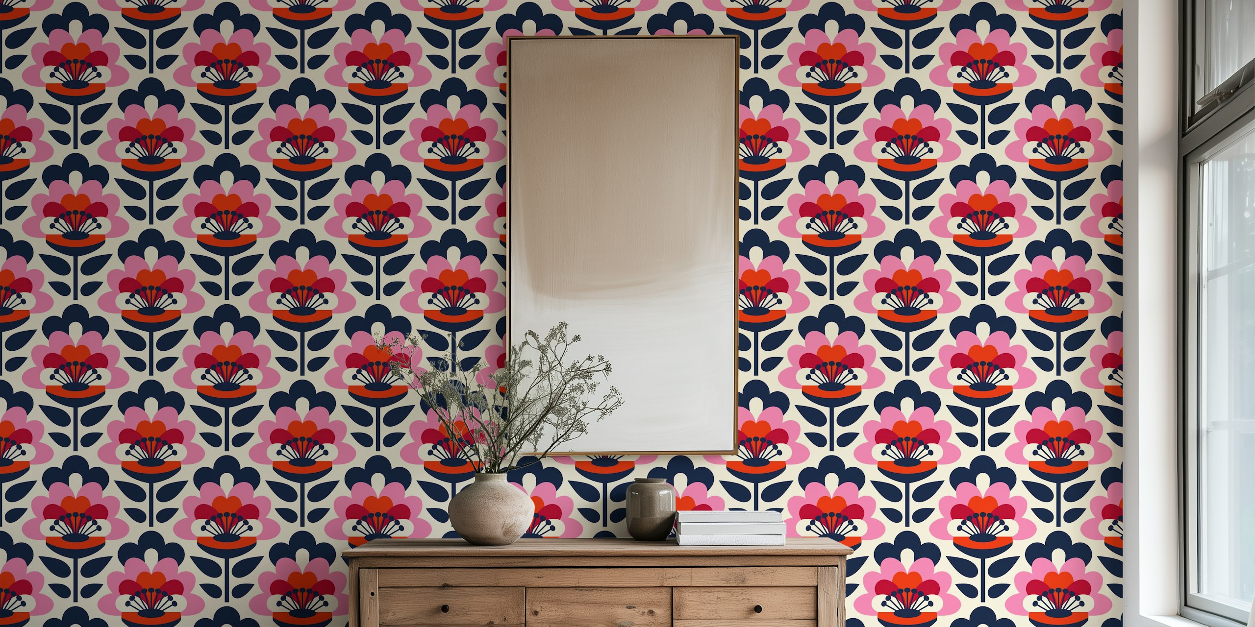 Sixties Flower Power carta da parati rossa rosa