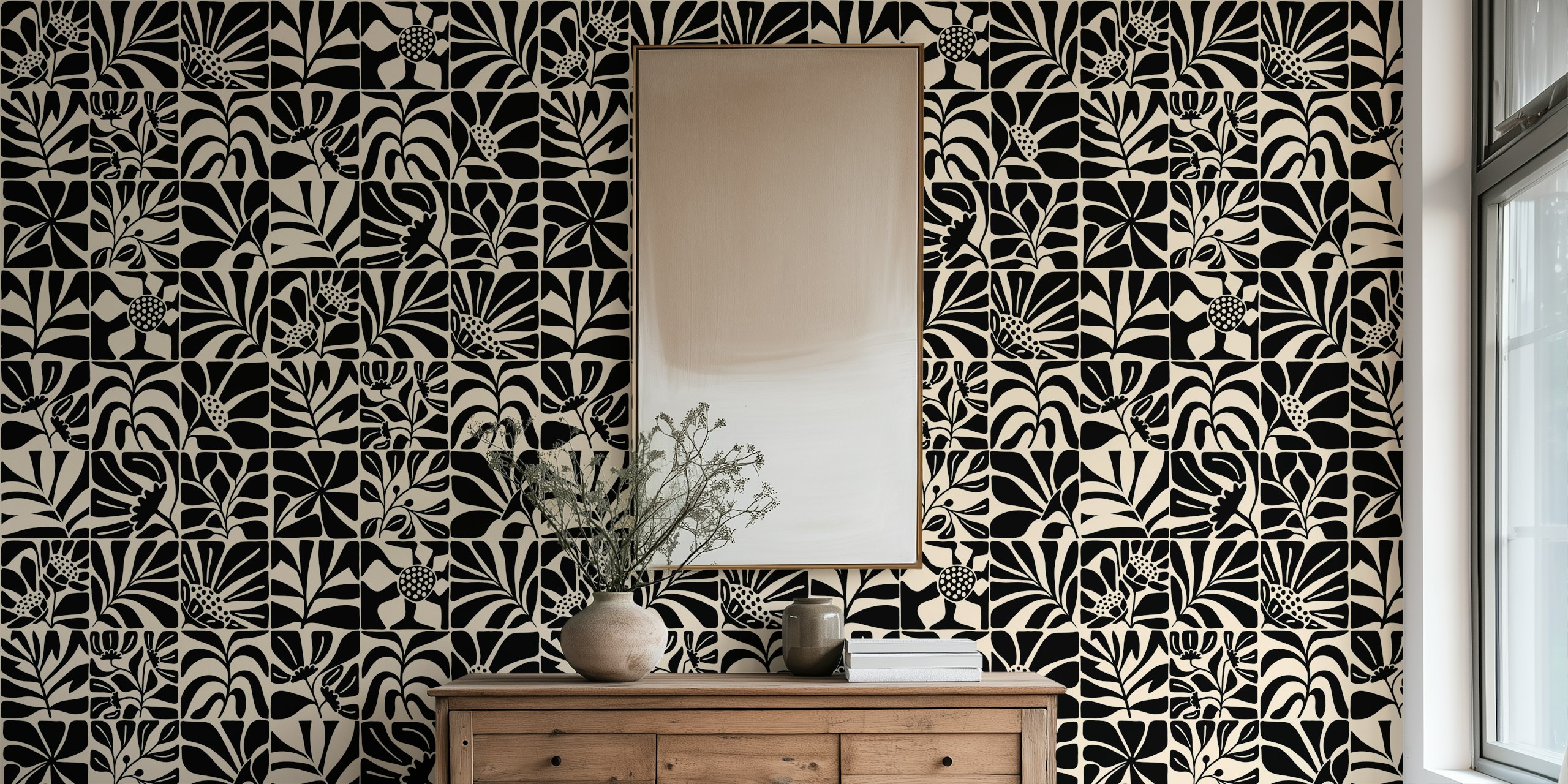 Black minimalist floral tiles pattern wallpaper