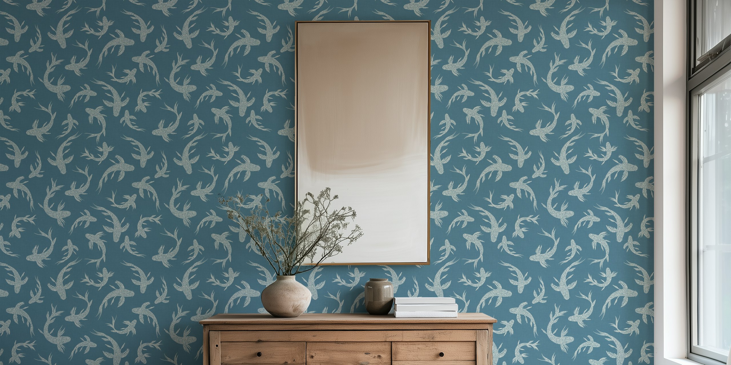 Japanese Koi Ponds Glam Aegean Blue wallpaper in room