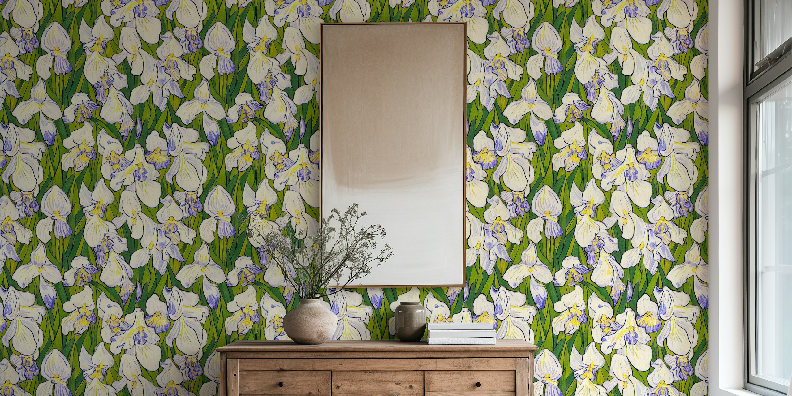 White iris flowers with green foliage wallpaper