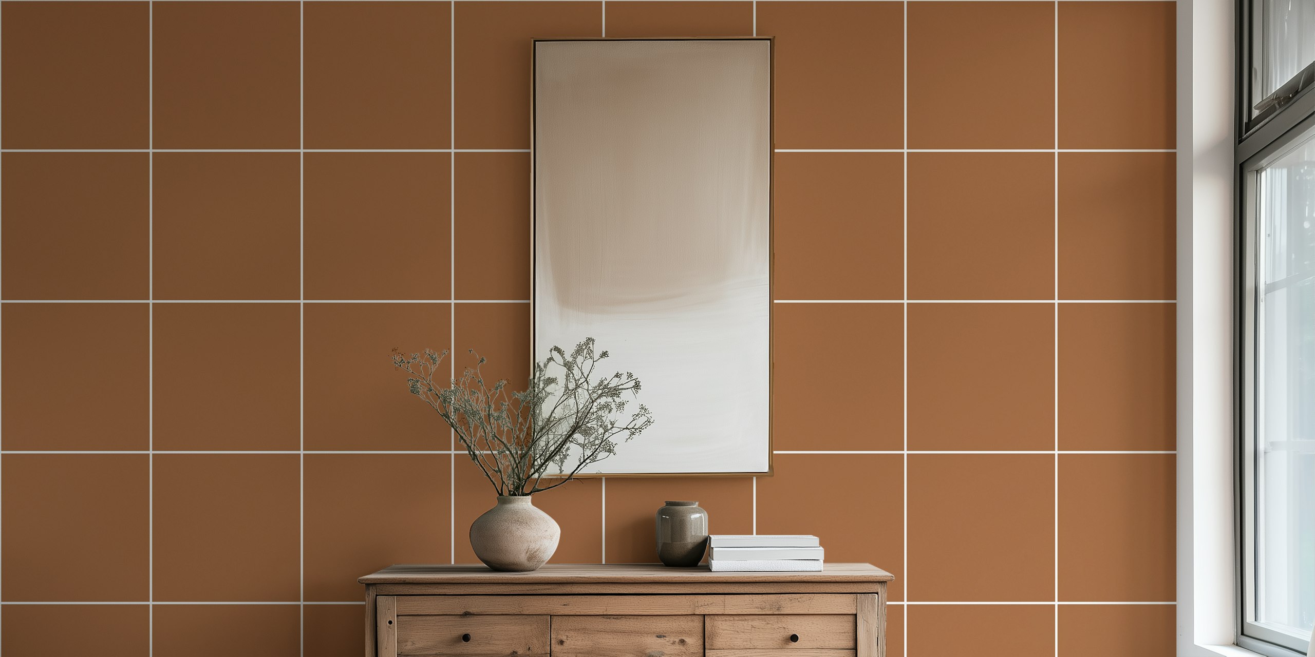 Large grid pattern wallpaper in a room setting