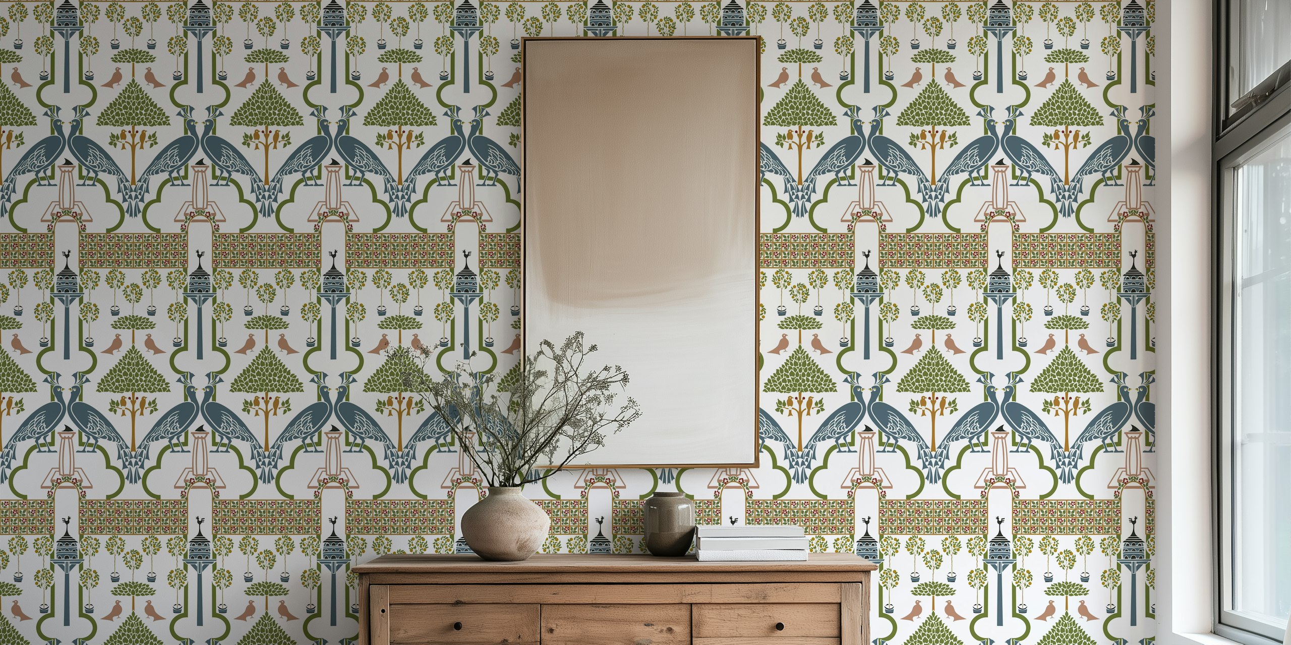 Vintage Art Nouveau wallpaper featuring birds, trees, and architectural elements in green, blue, and white hues