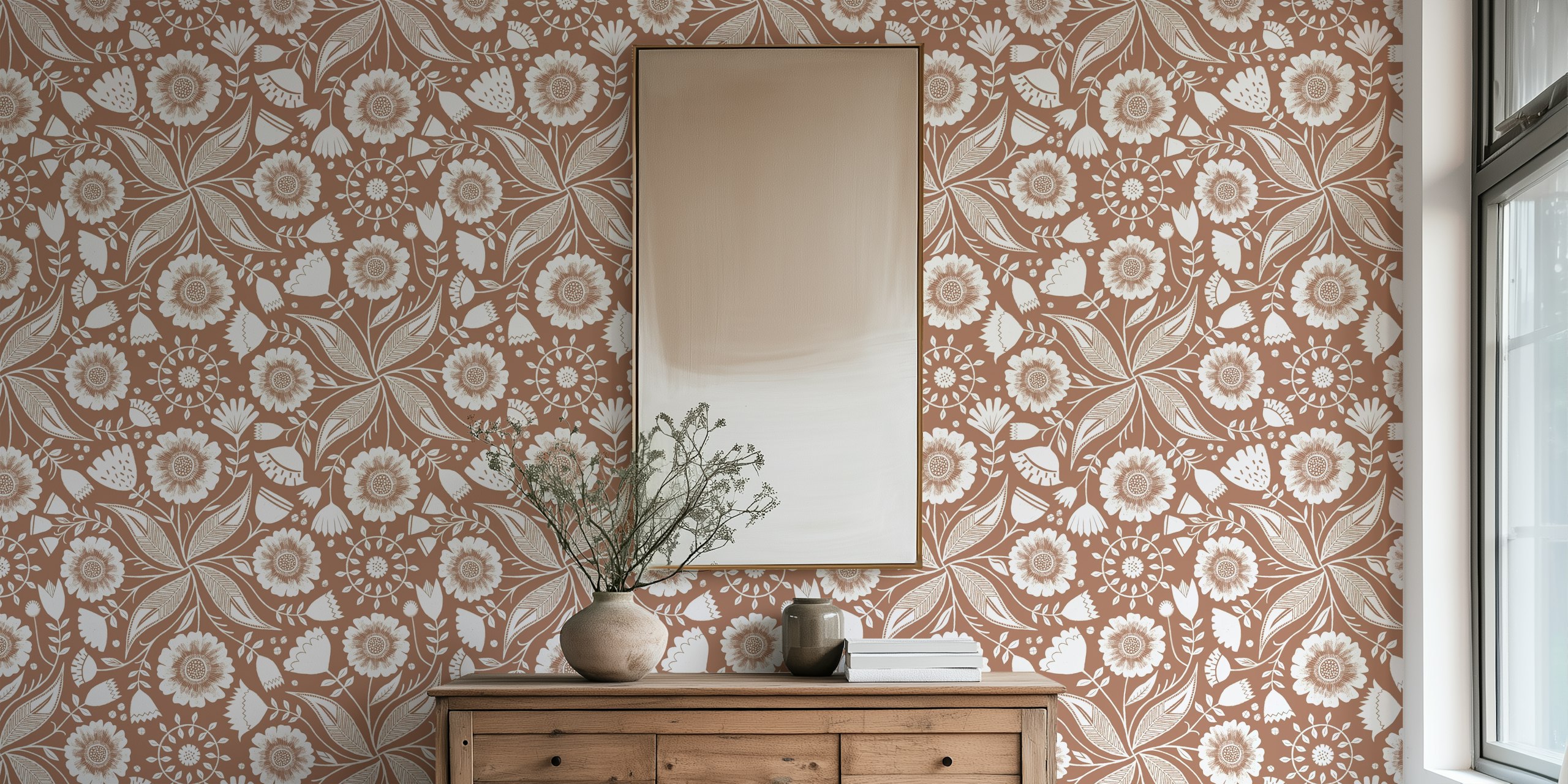 Floral pattern wallpaper with white flowers and leaves on mocha brown background
