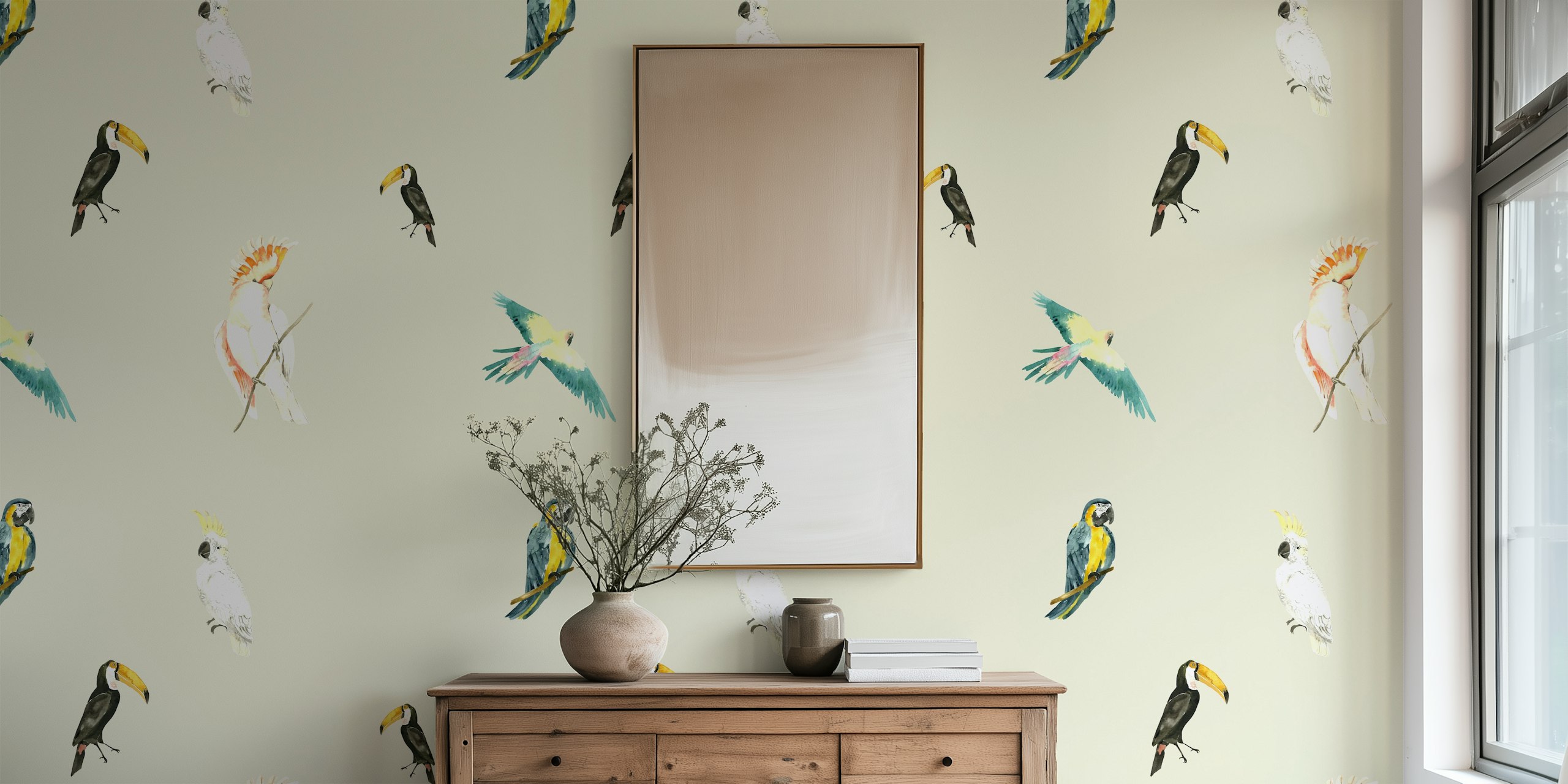 Scattered tropical birds watercolor wallpaper in a room