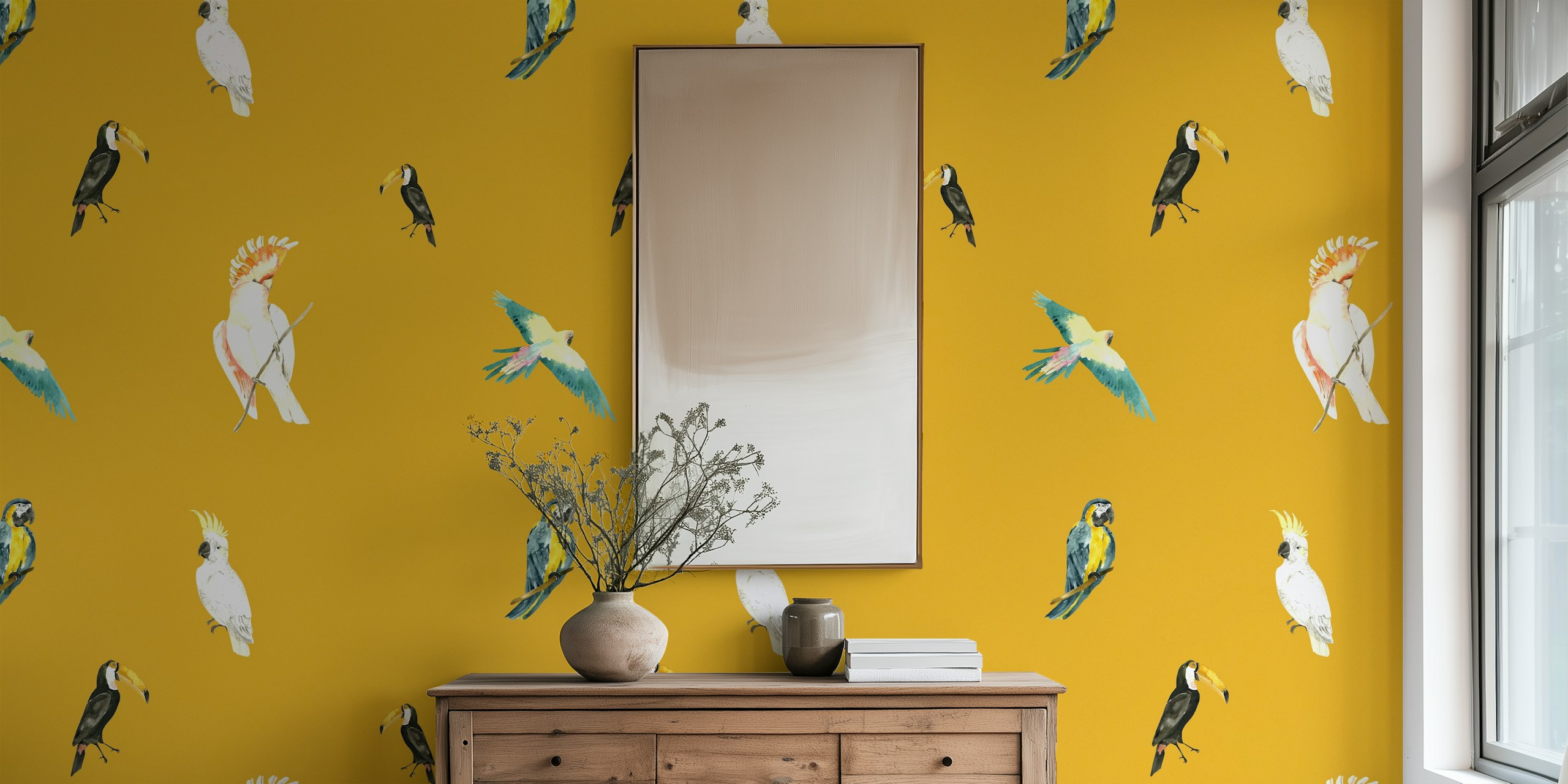 Vibrant bird paradise wallpaper in a room