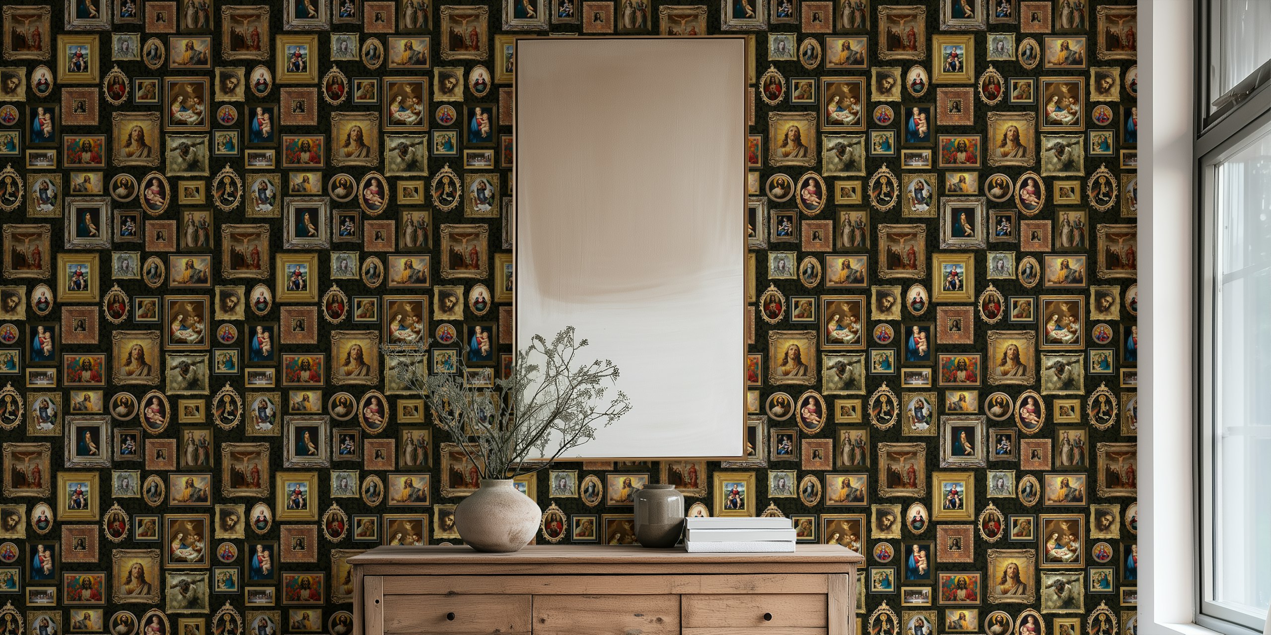 Classic religious art masterpieces wallpaper in a room