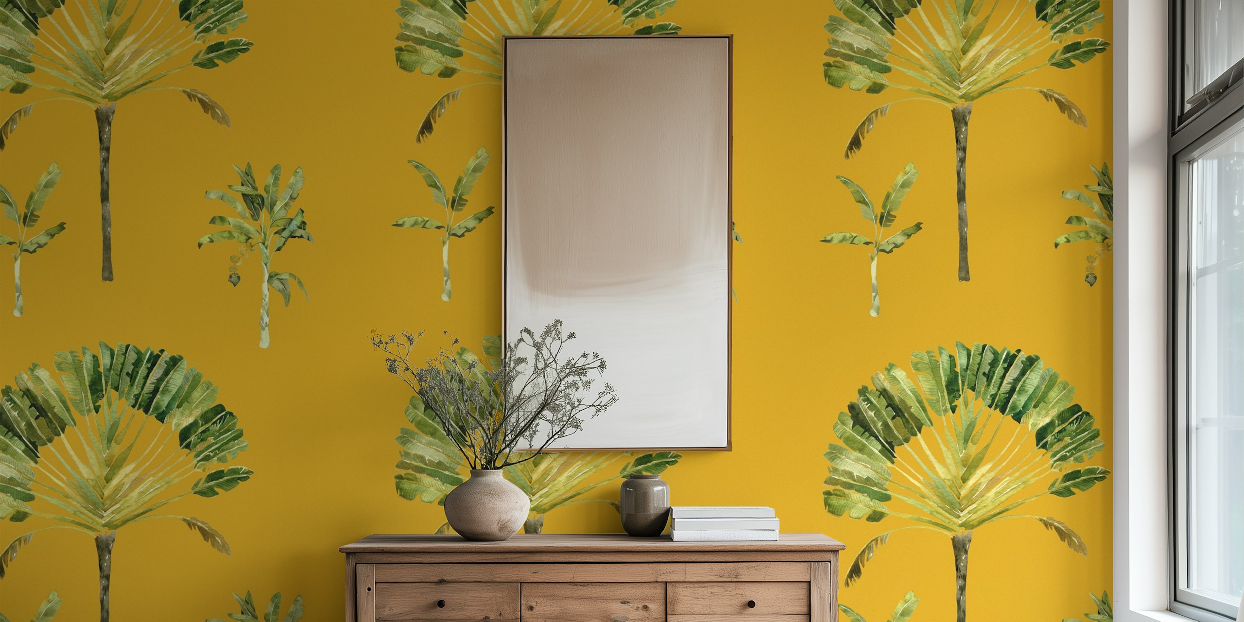 Tropical Banana Palm Trees watercolor wallpaper in a room