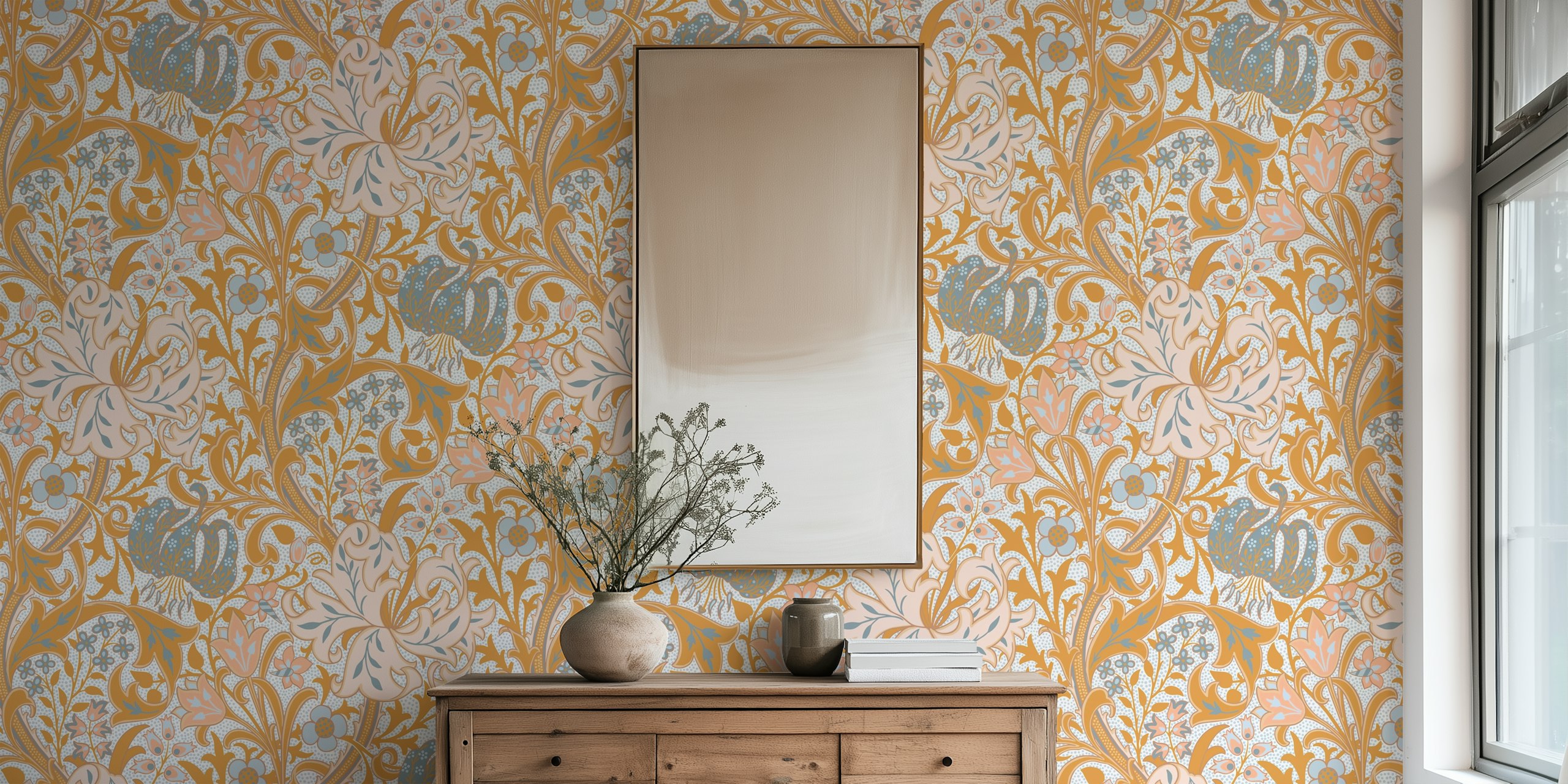 Floral pattern with gold, peach, and blue hues wallpaper