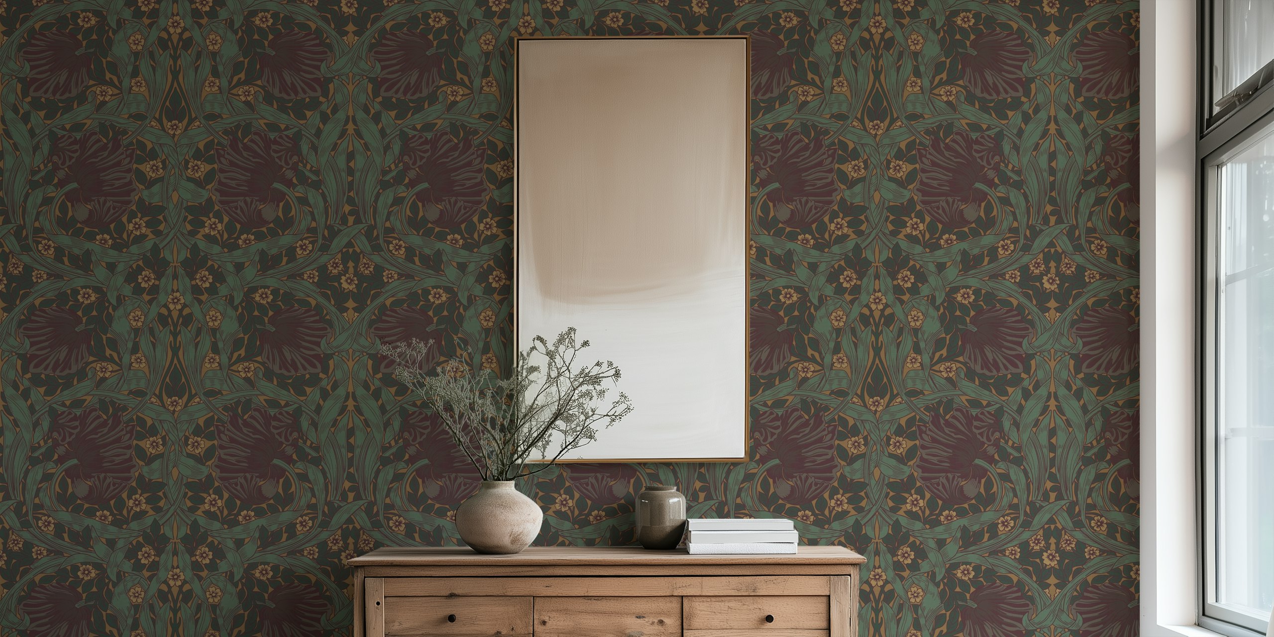 Dark green and purple vintage floral pattern wallpaper