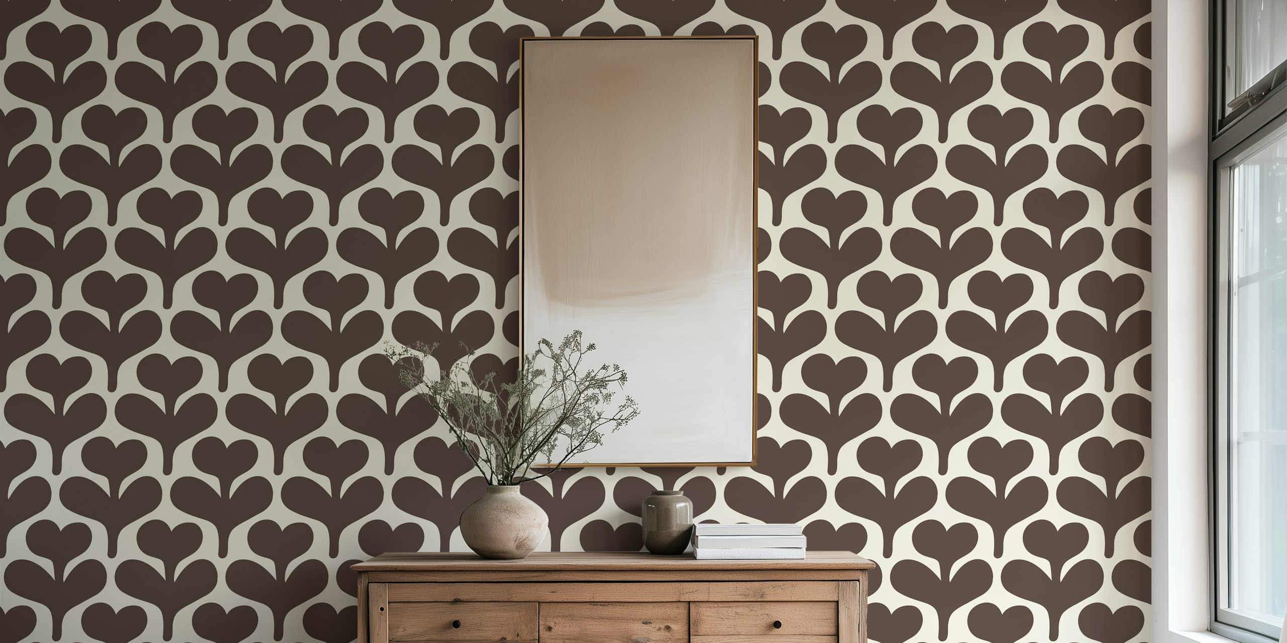 Brown heart floral silhouettes pattern wallpaper
