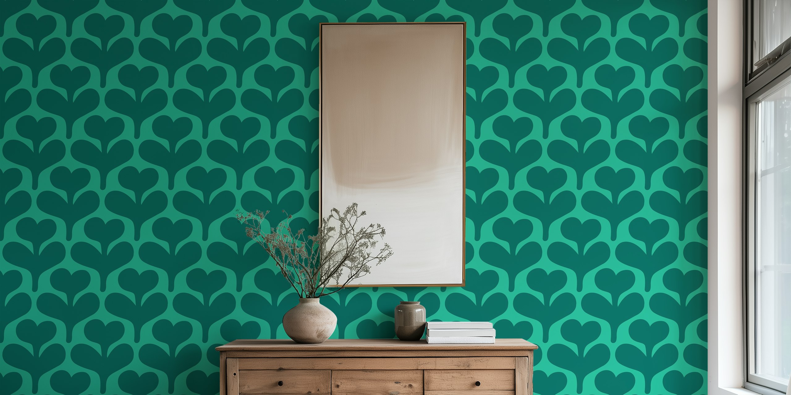 Green heart-shaped flower pattern on teal background wallpaper