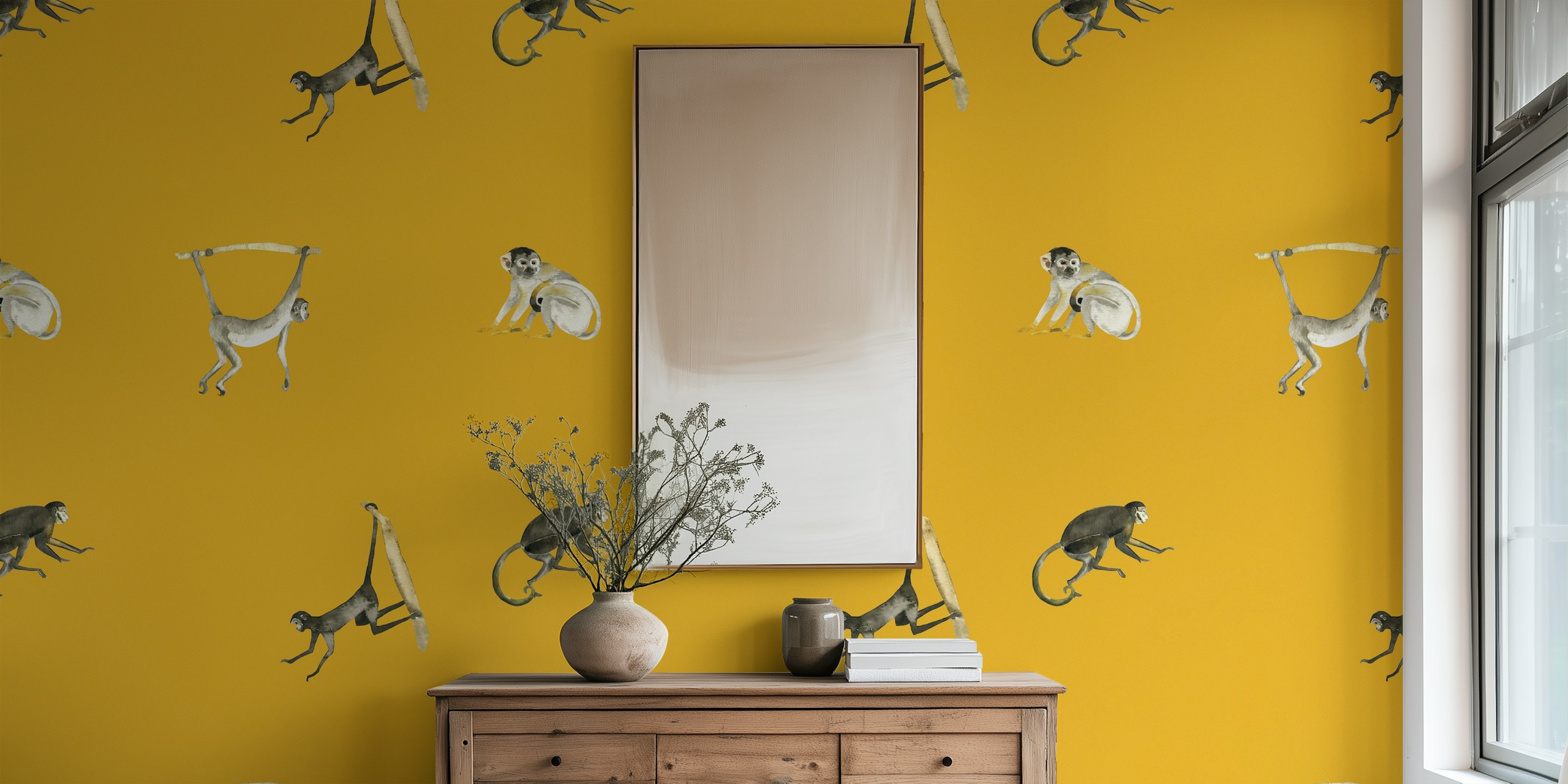 Tropical Monkey Motif on Mustard Yellow