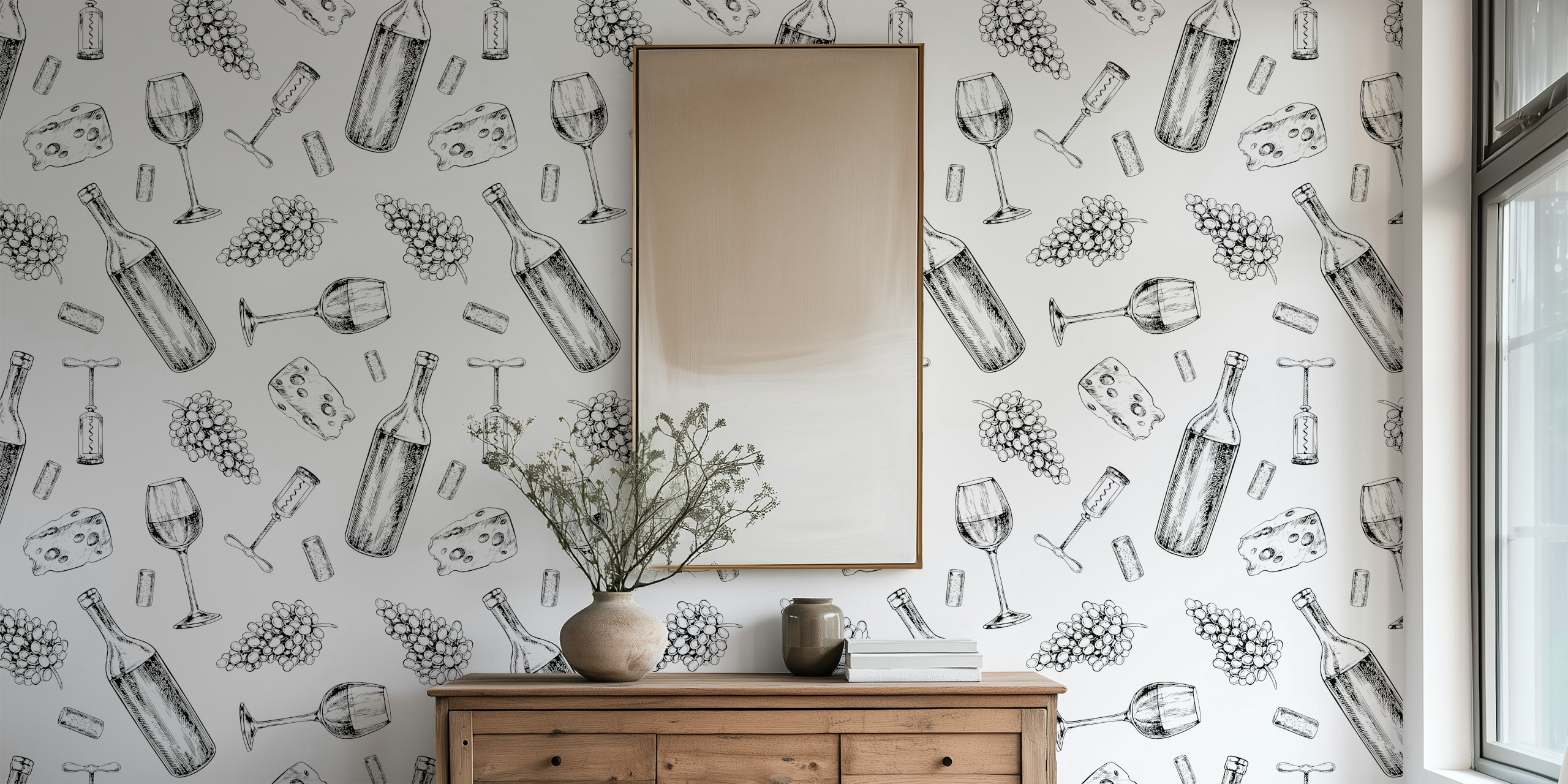 Wine and cheese sketches on white background wallpaper