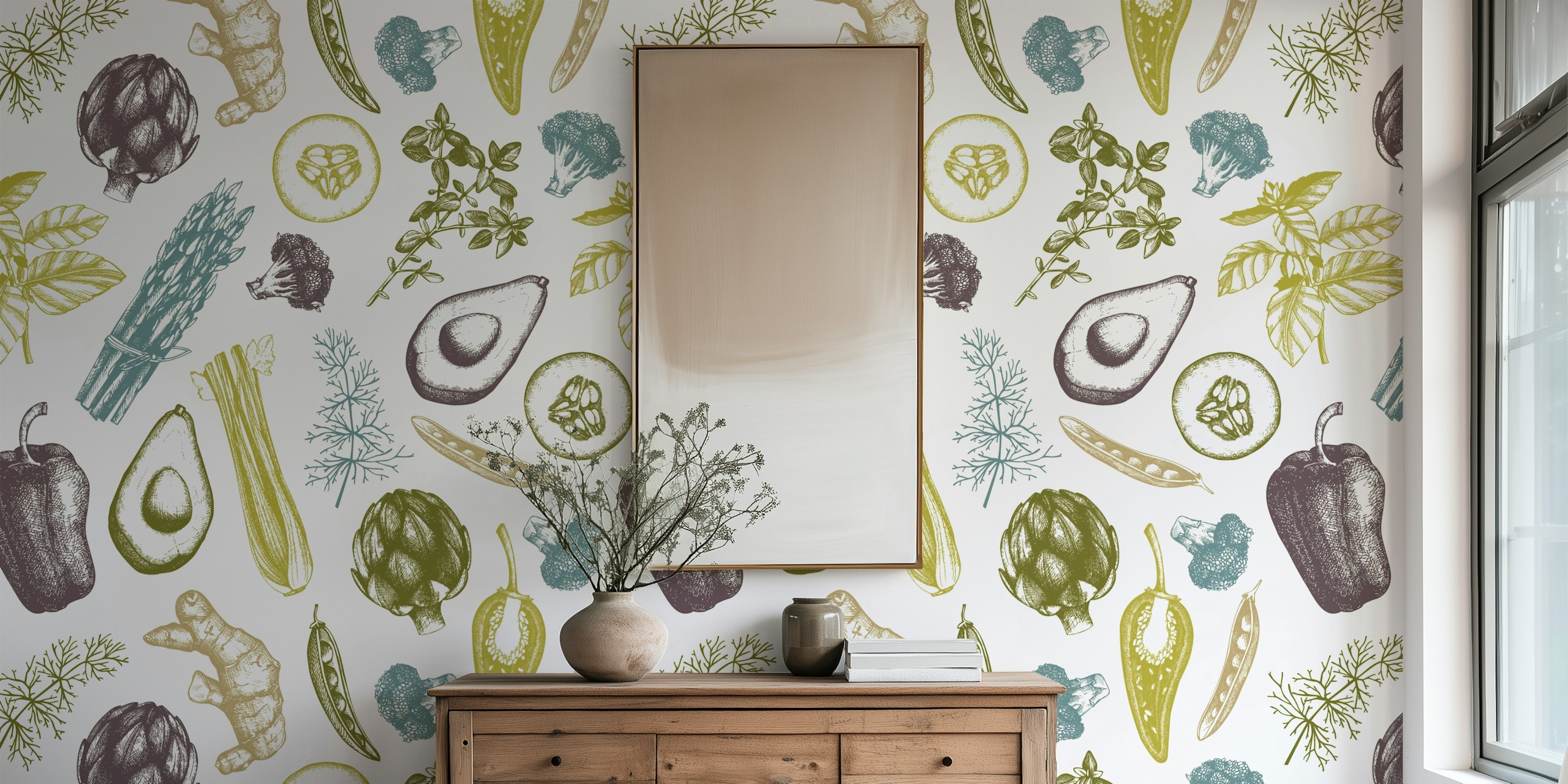 Colorful illustrated vegetables and herbs wallpaper design