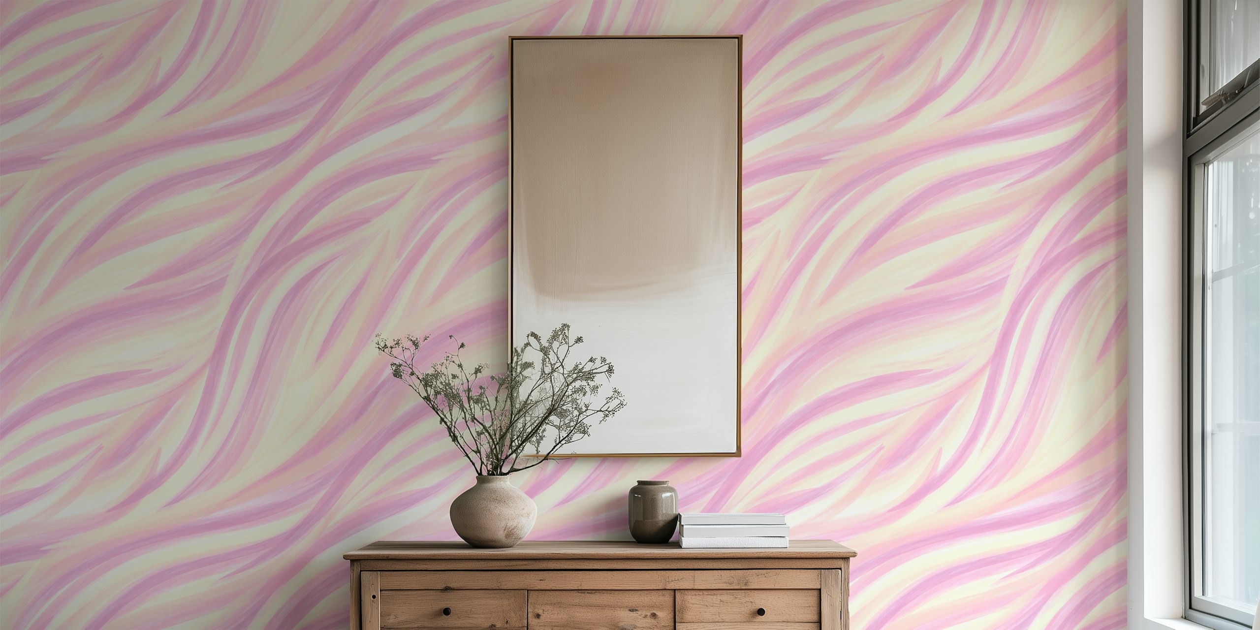 Tapeta Soft Pink and Yellow Waves v místnosti