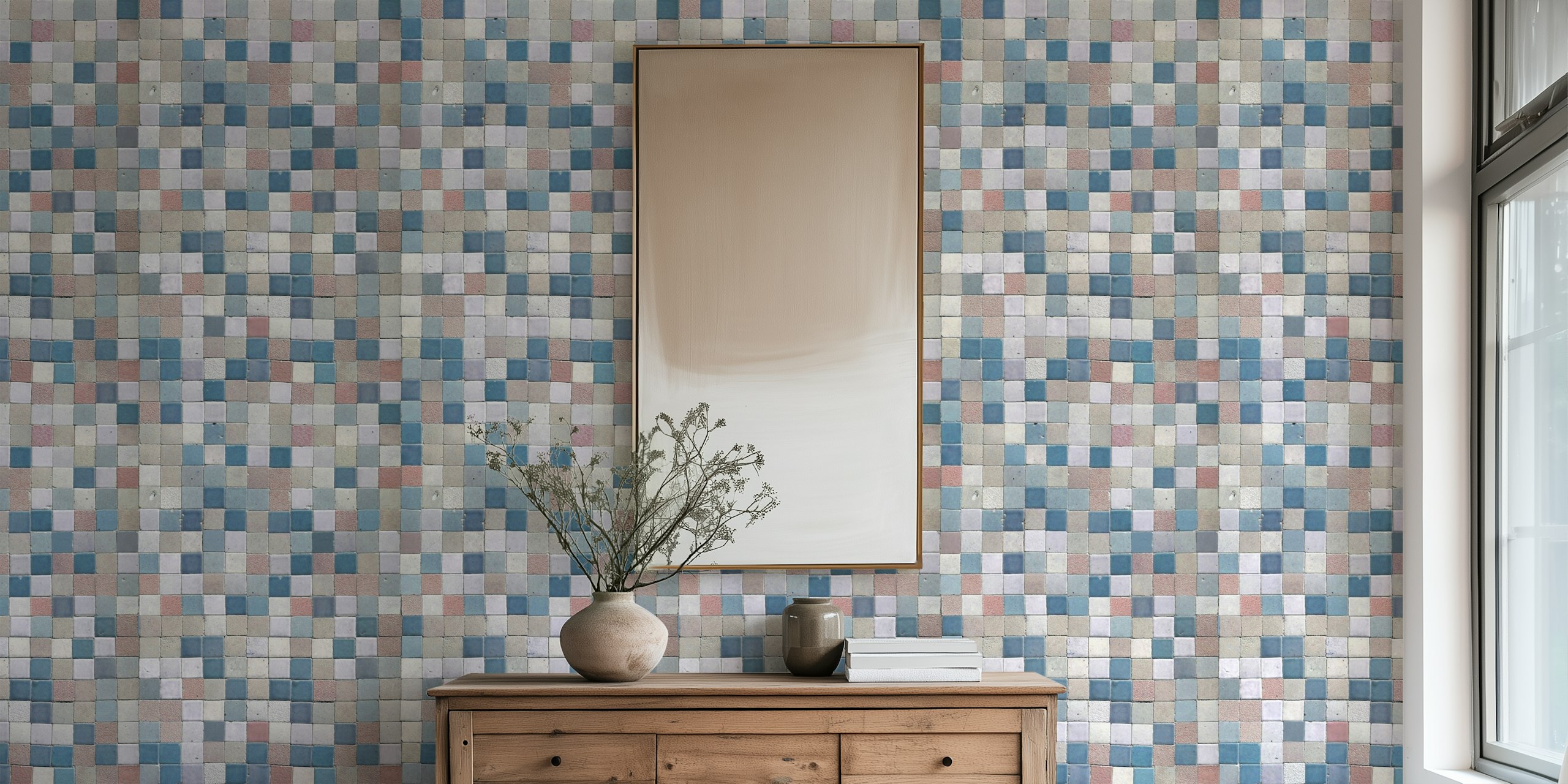 Vintage Tile Artistry carta da parati blu in una stanza