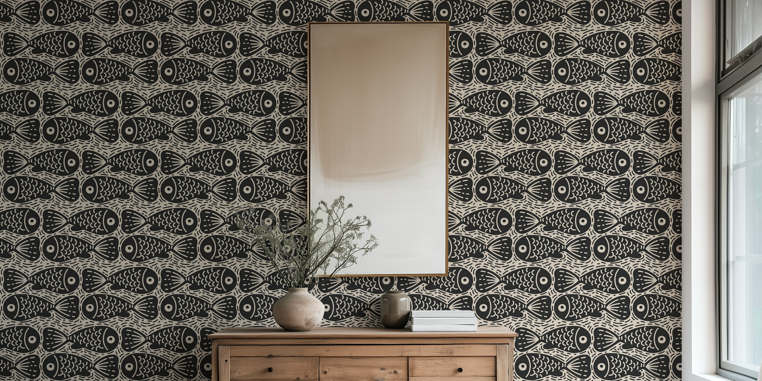 Black doodle fish pattern on beige background wallpaper