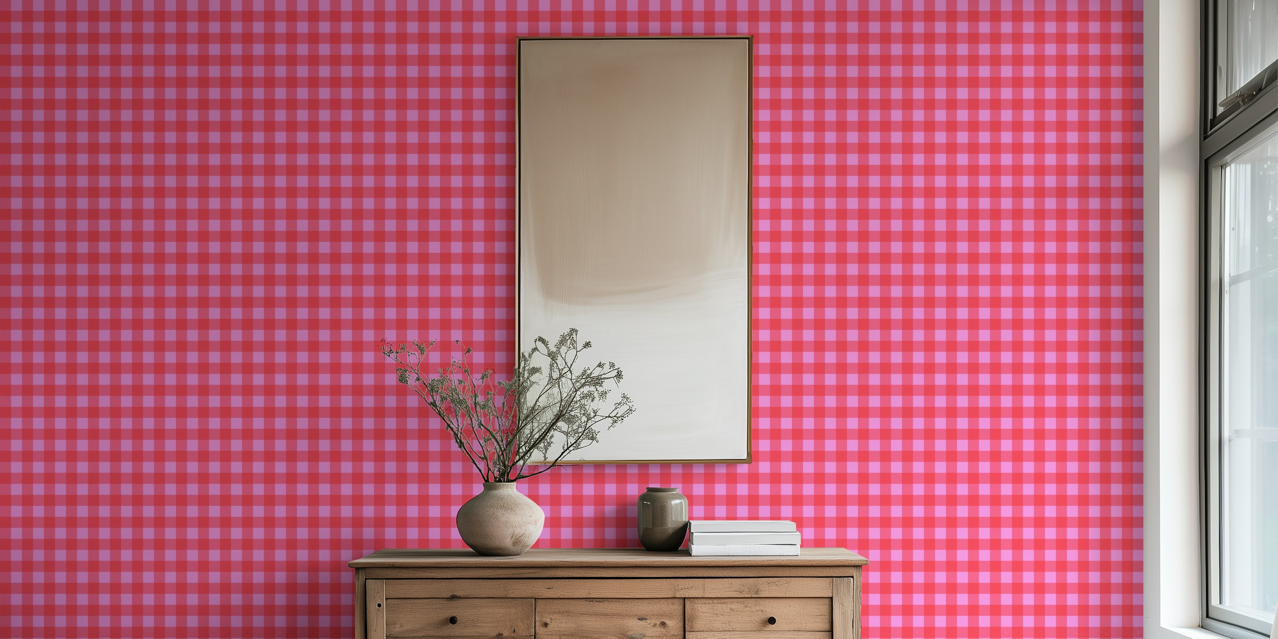 Gingham pattern wallpaper in preppy pink in a room