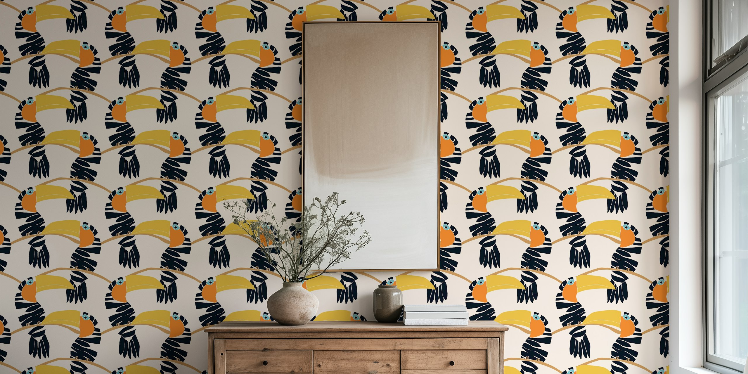 Colorful toucan illustrations with black and orange tones on light background wallpaper