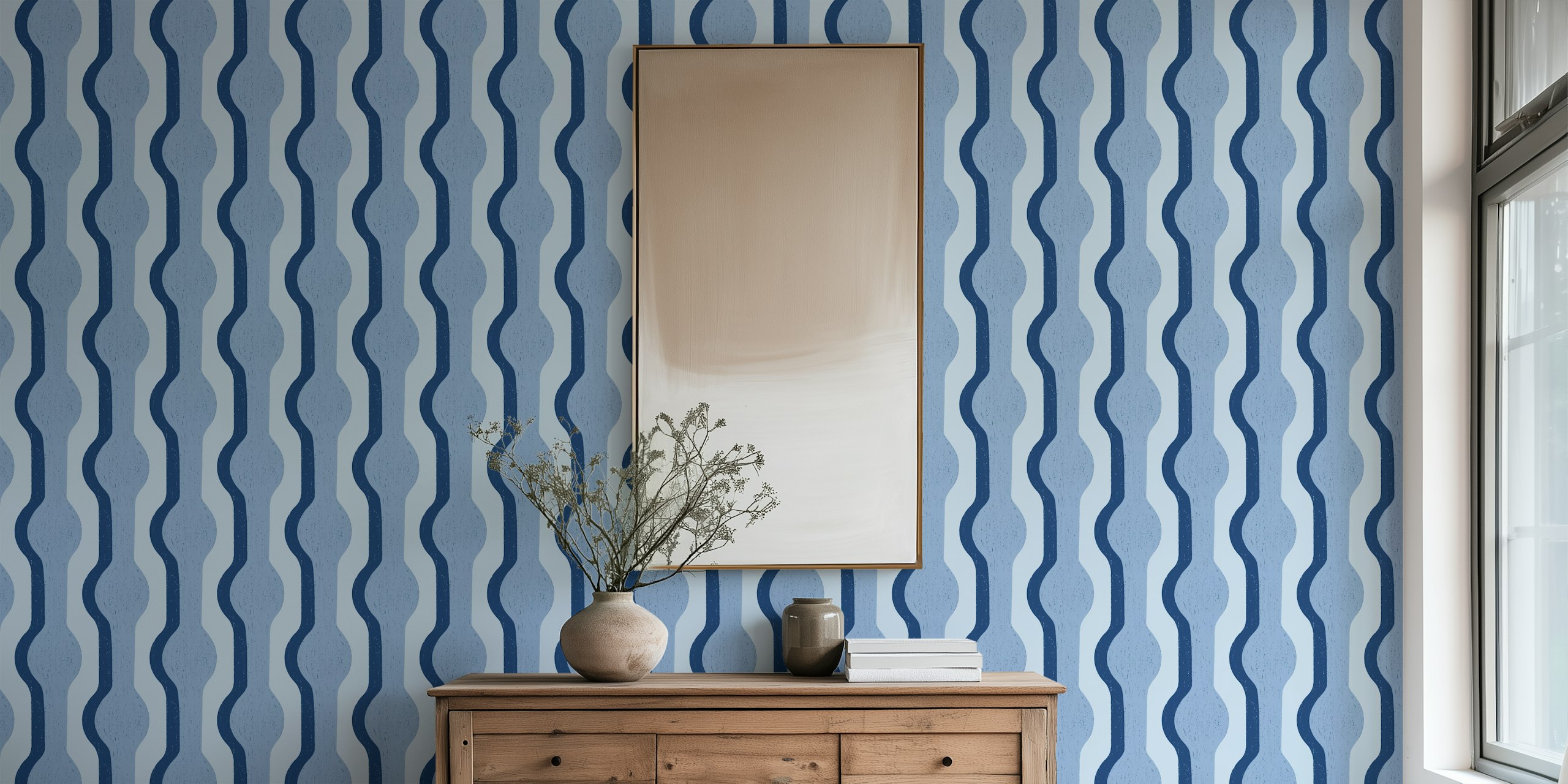 Geometric shapes in sky blue and navy colors on wallpaper