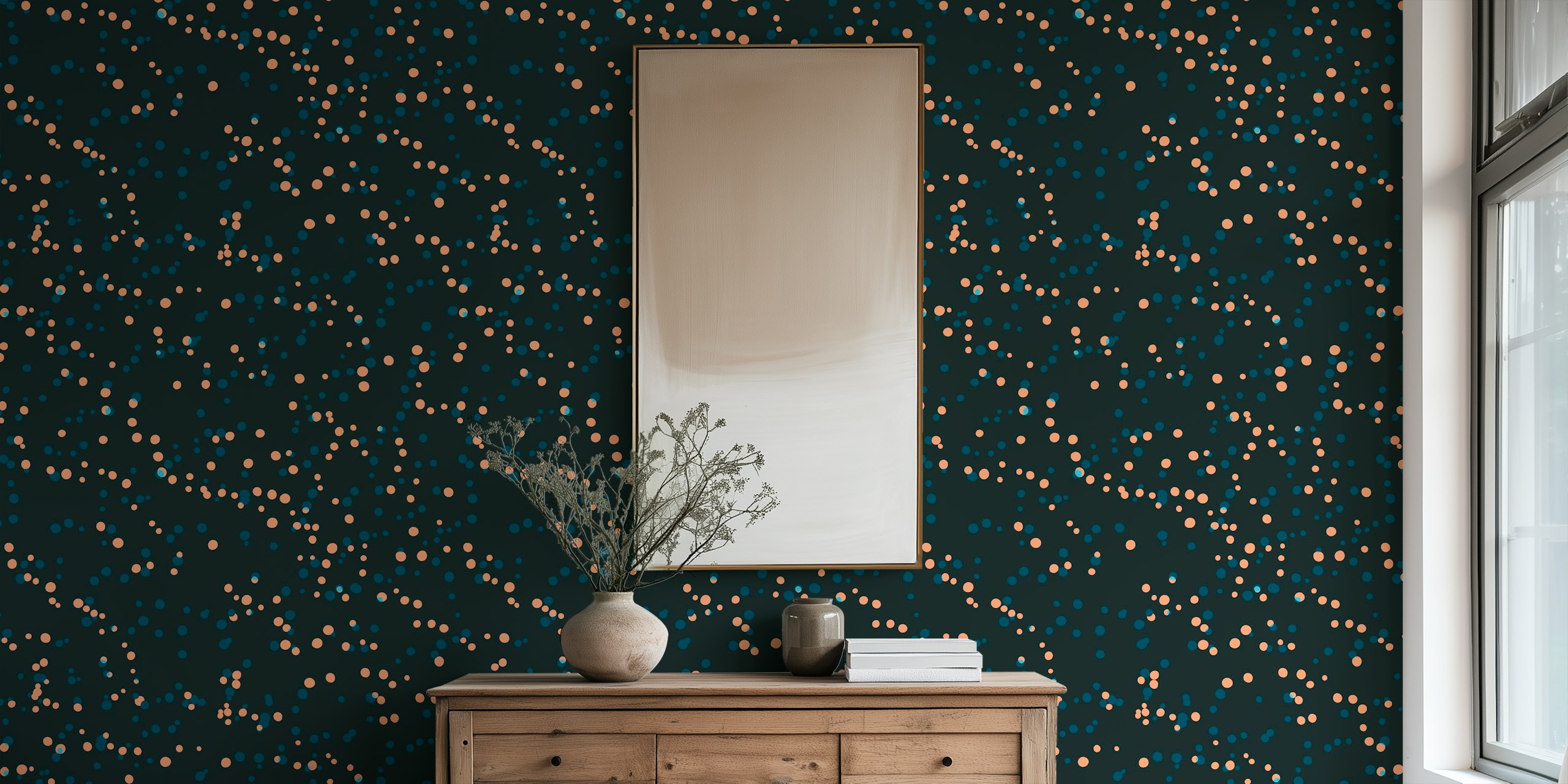 Celestial blue and peach polka dot wallpaper