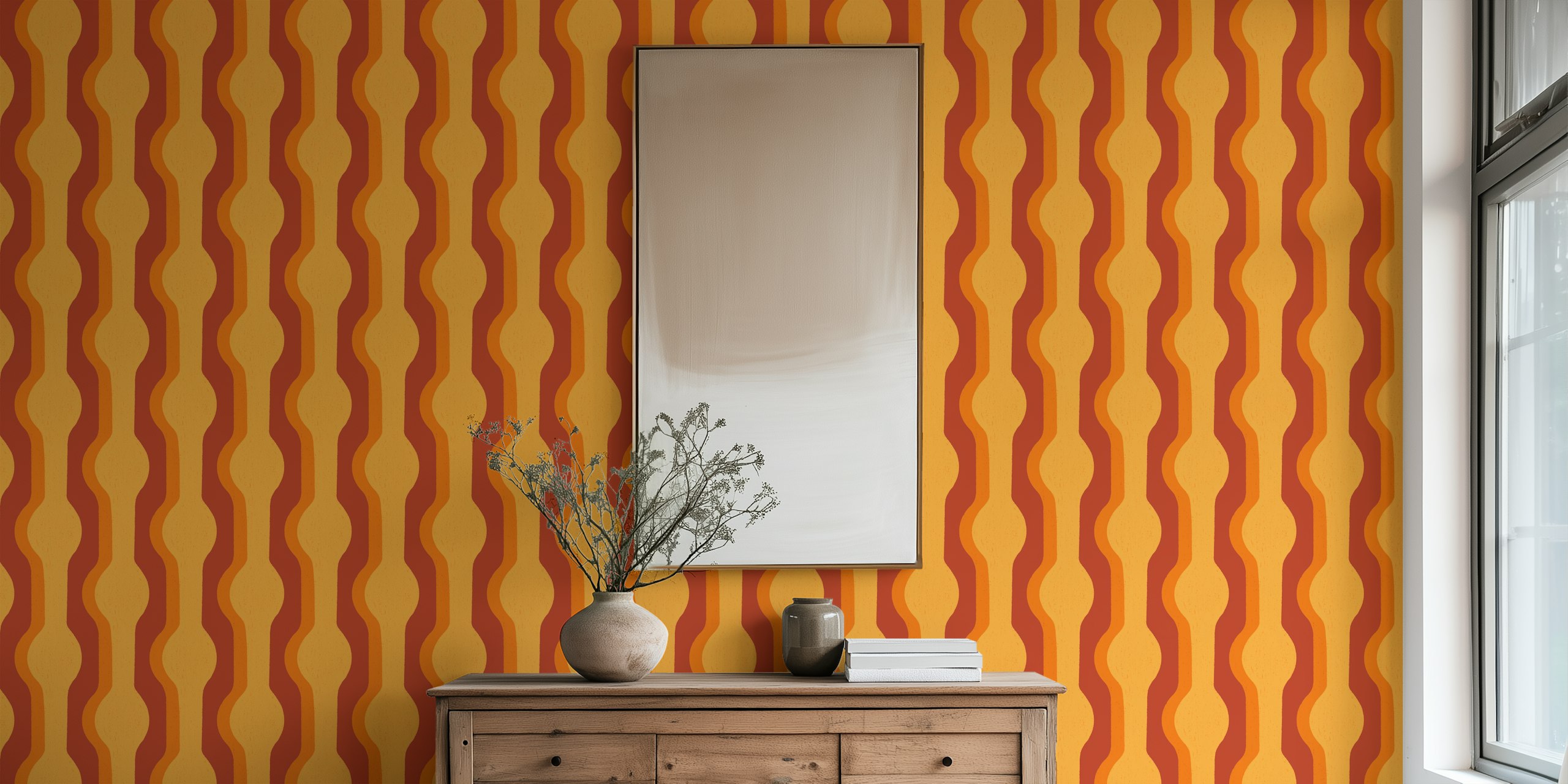 Groovy Retro Stripes Shapes Orange Red tapet i ett rum