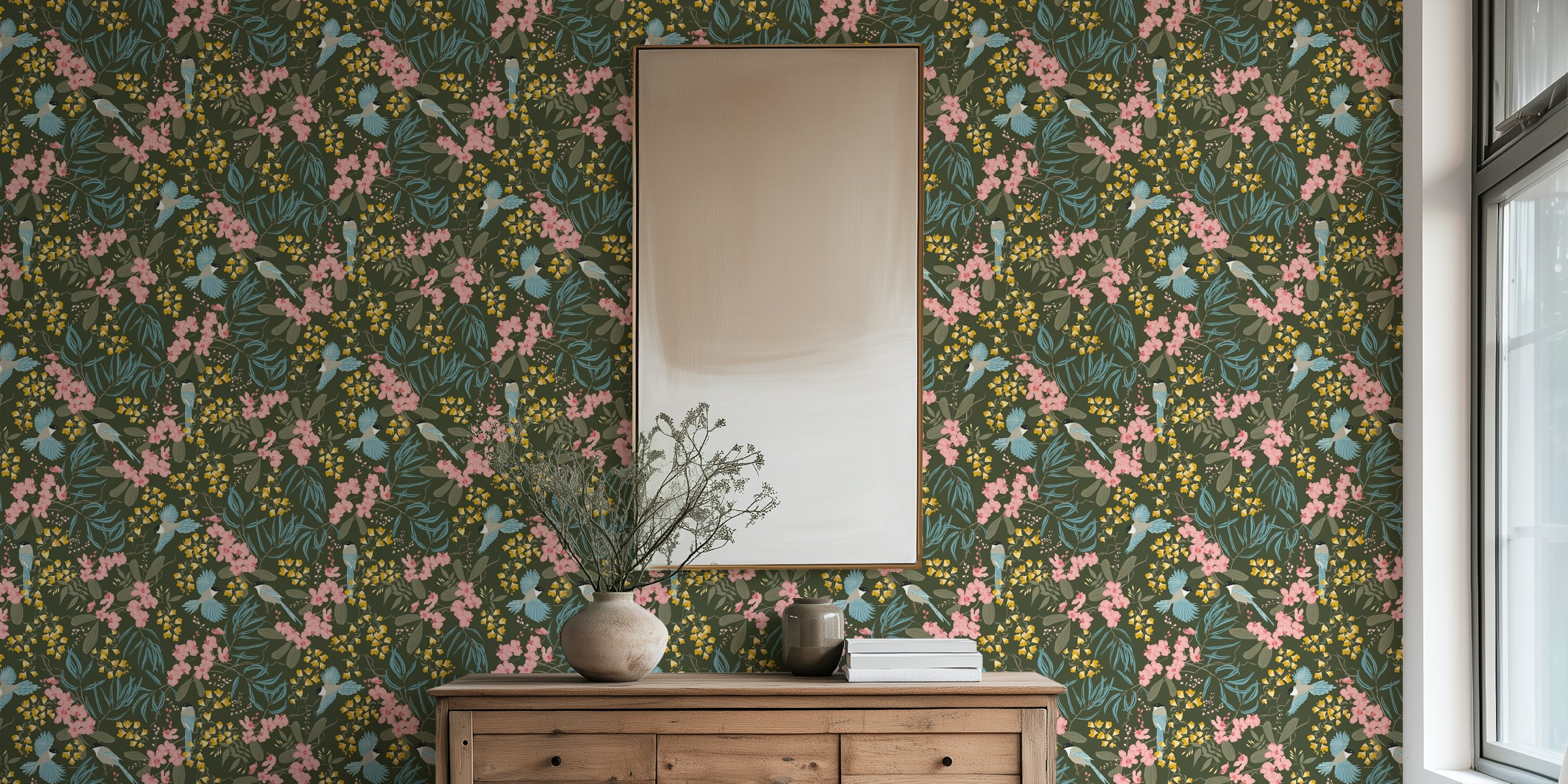 Floral pattern featuring magpies, pink blooms and green leaves wallpaper