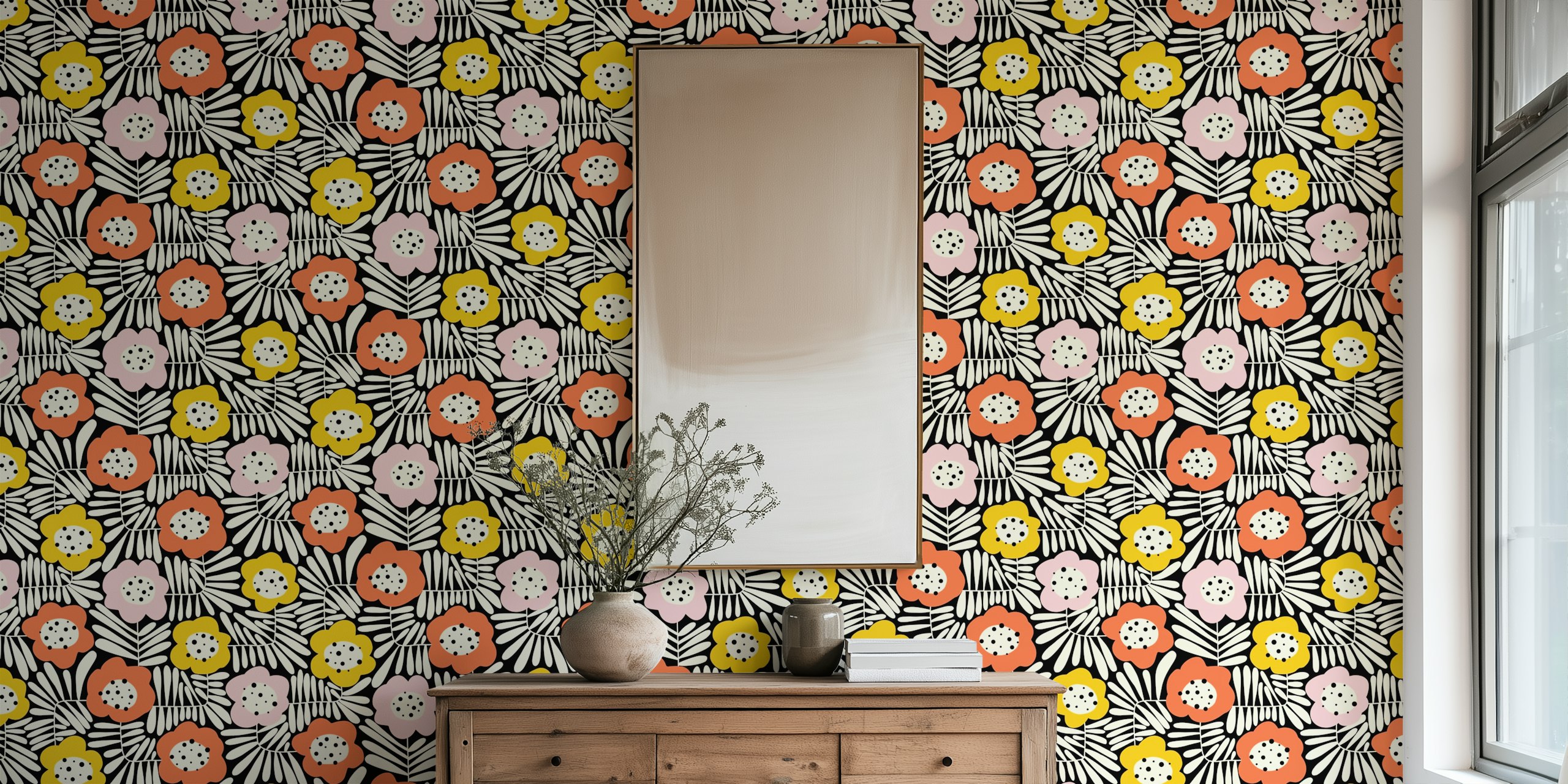 Colorful floral pattern in pink, ochre, and black wallpaper