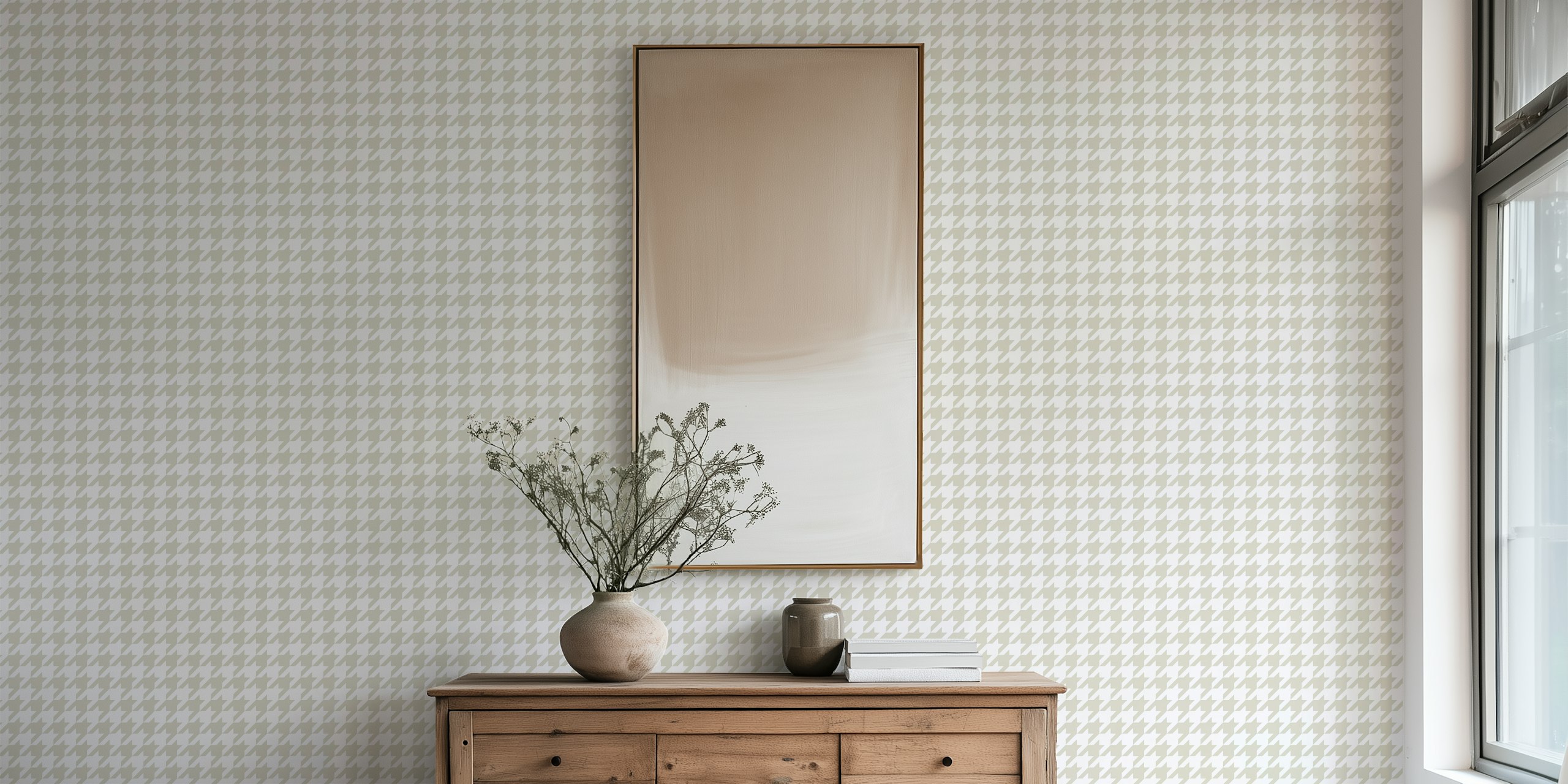 Gray and white houndstooth wallpaper en una habitación