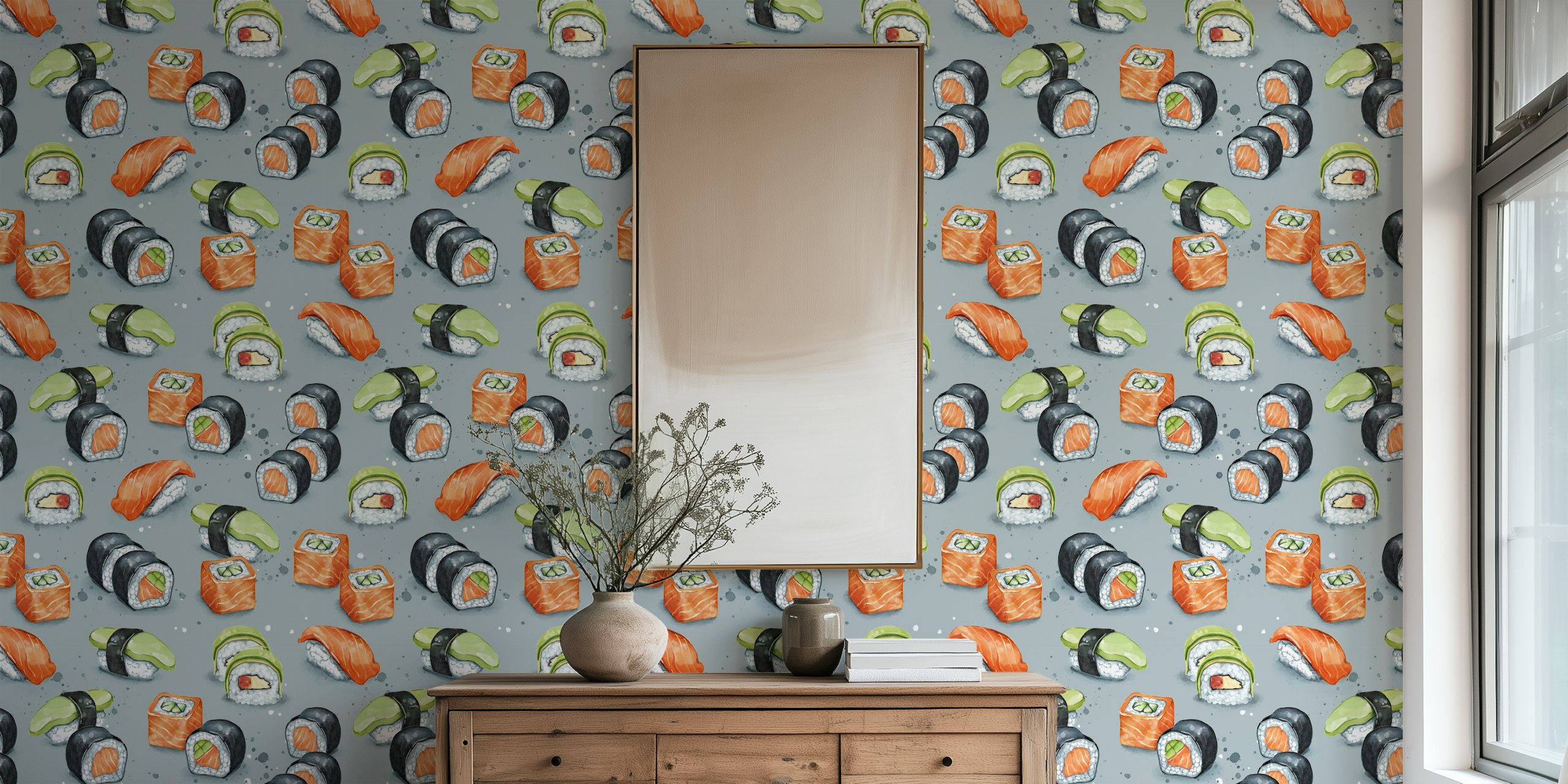 Colorful sushi roll patterns on a gray background wallpaper