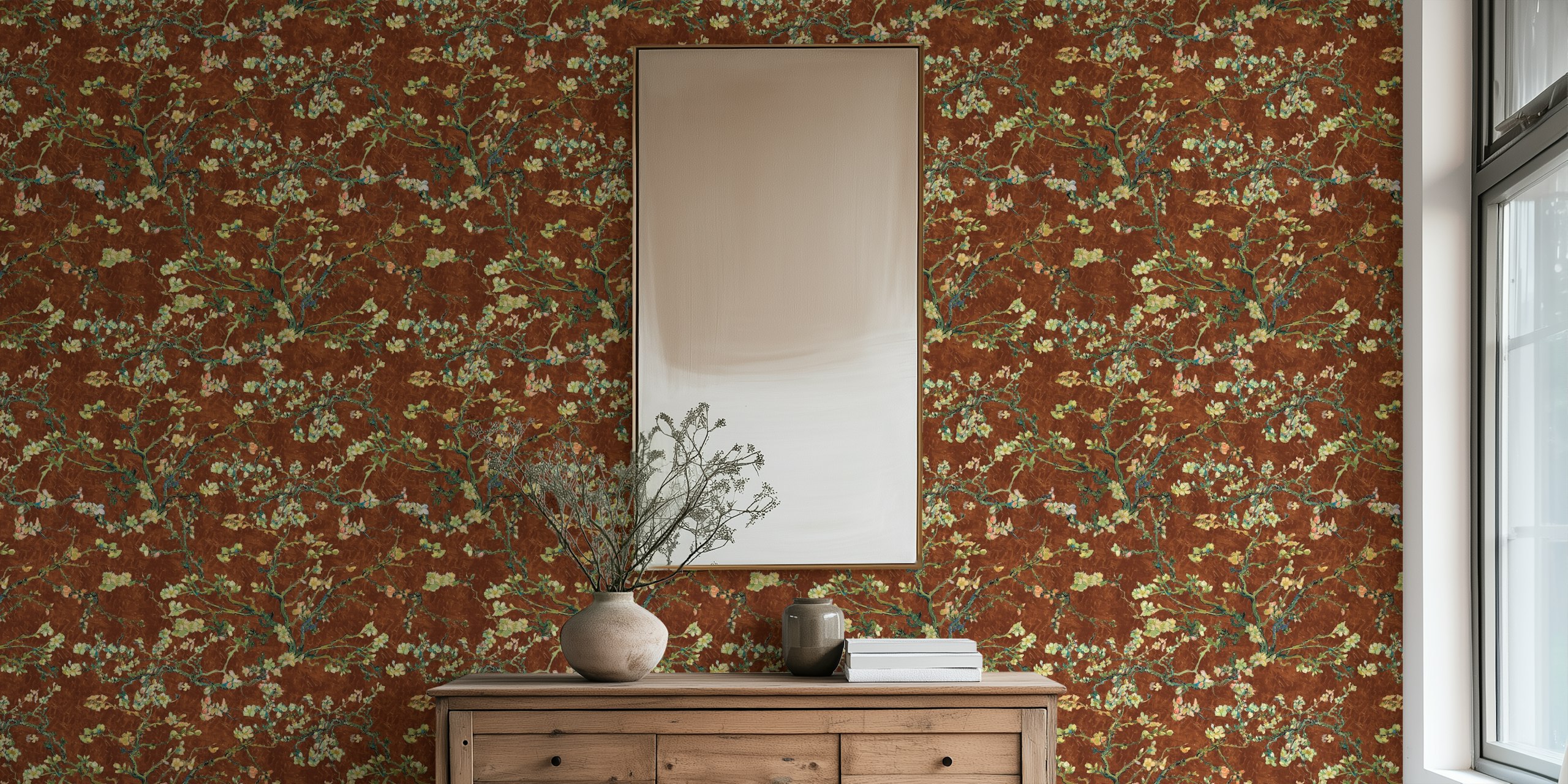 Almond blossom branches on rust brown background wallpaper