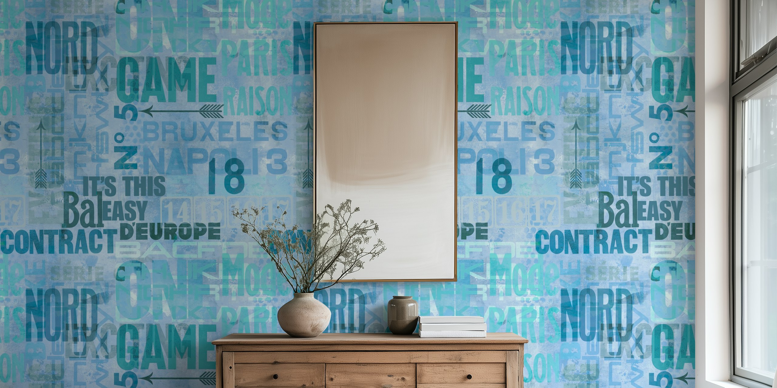 Modern urban typeface fusion wallpaper in a room