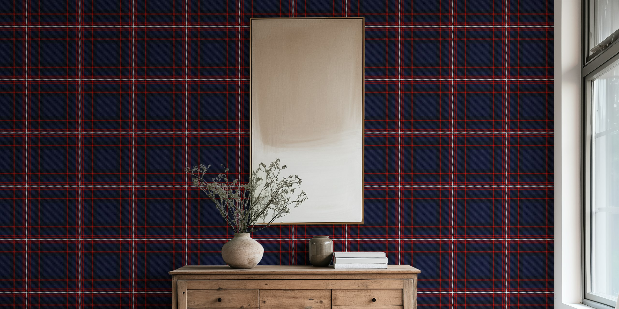 Navy and white tartan pattern with red accents wallpaper