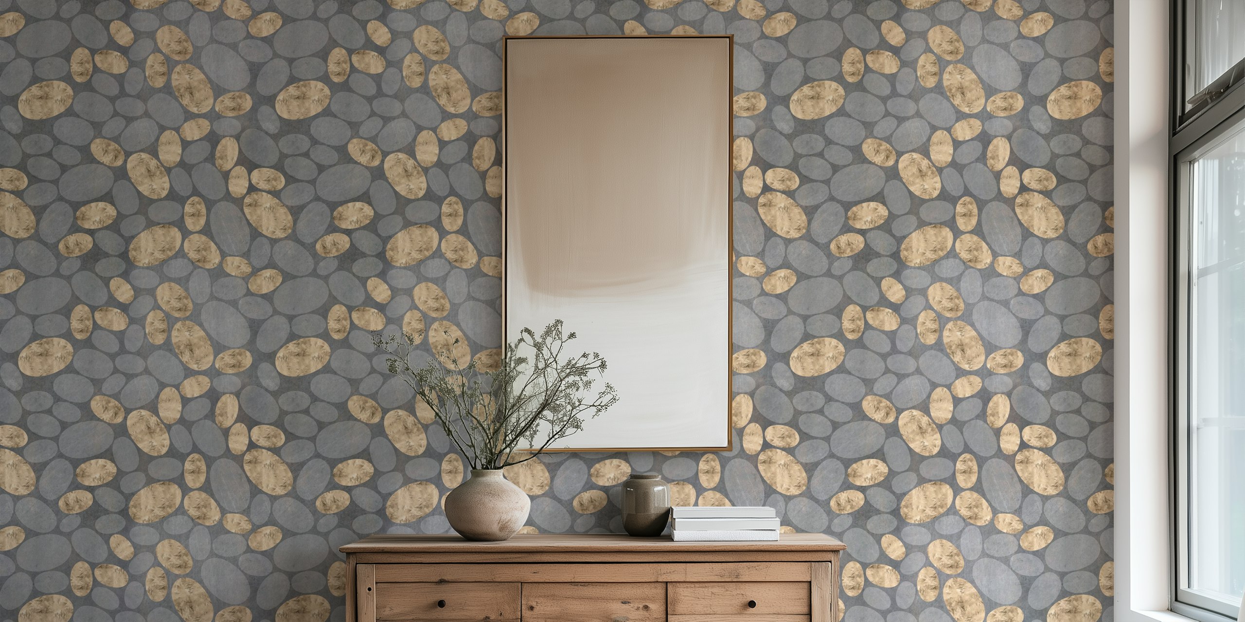 Abstract Pebbles in Gold & Grey wallpaper in a room