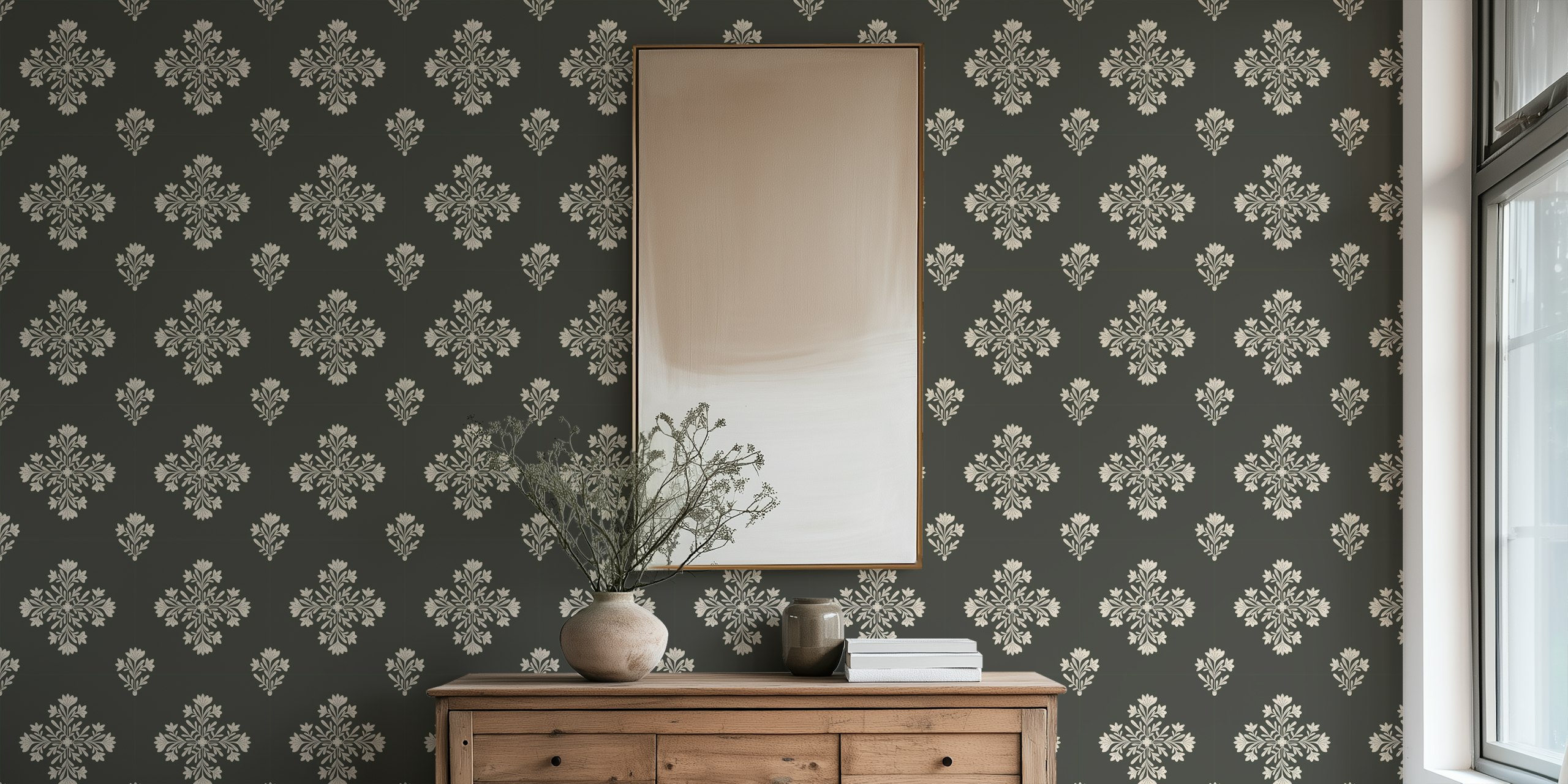 Floral patterned grey wallpaper with intricate white designs.