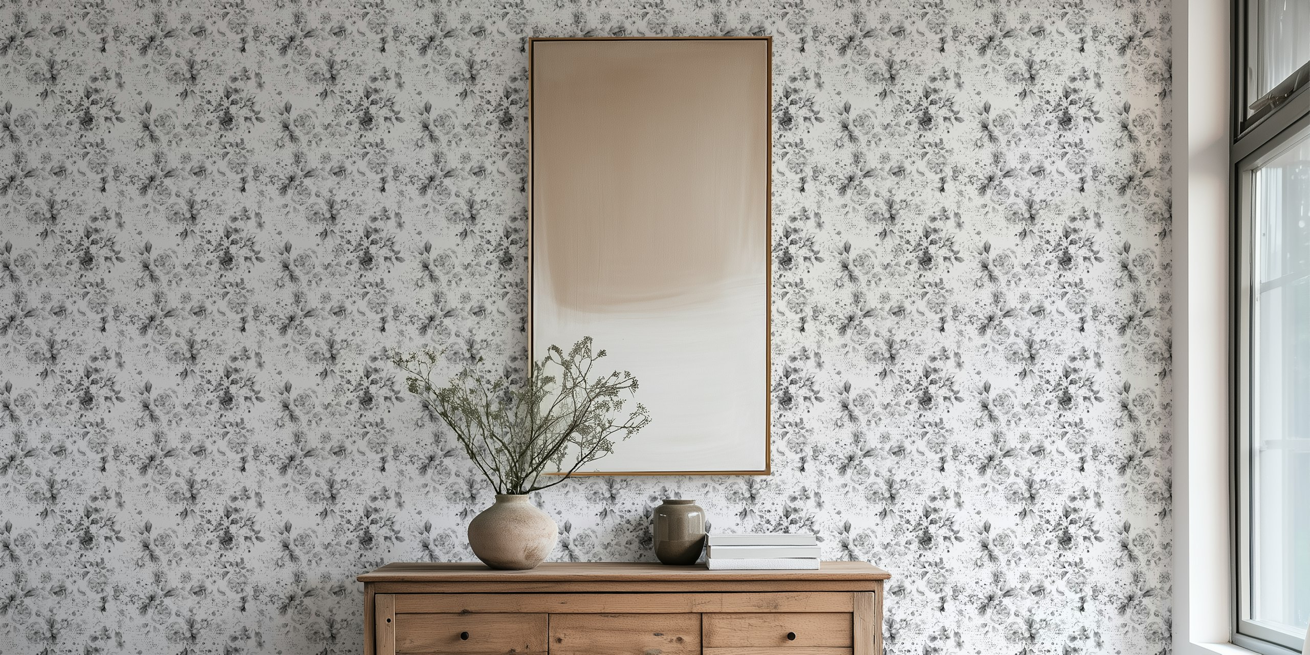 Textured black and white floral wallpaper with roses