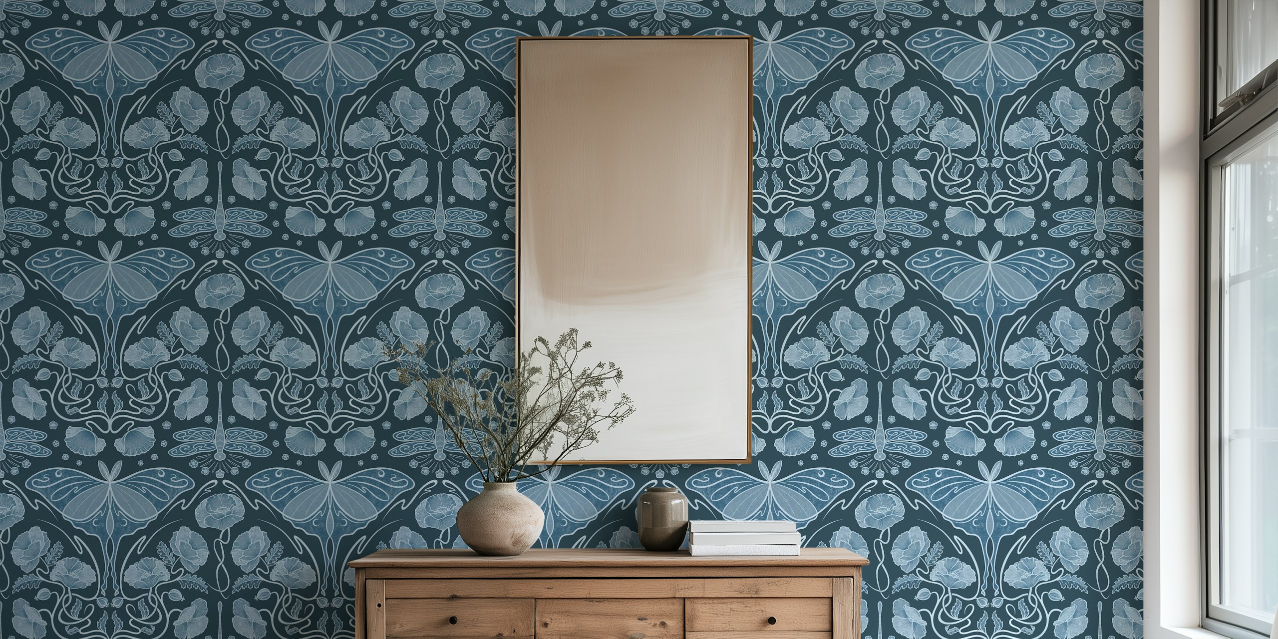 Blue Art Nouveau wallpaper with poppies and Luna moth design