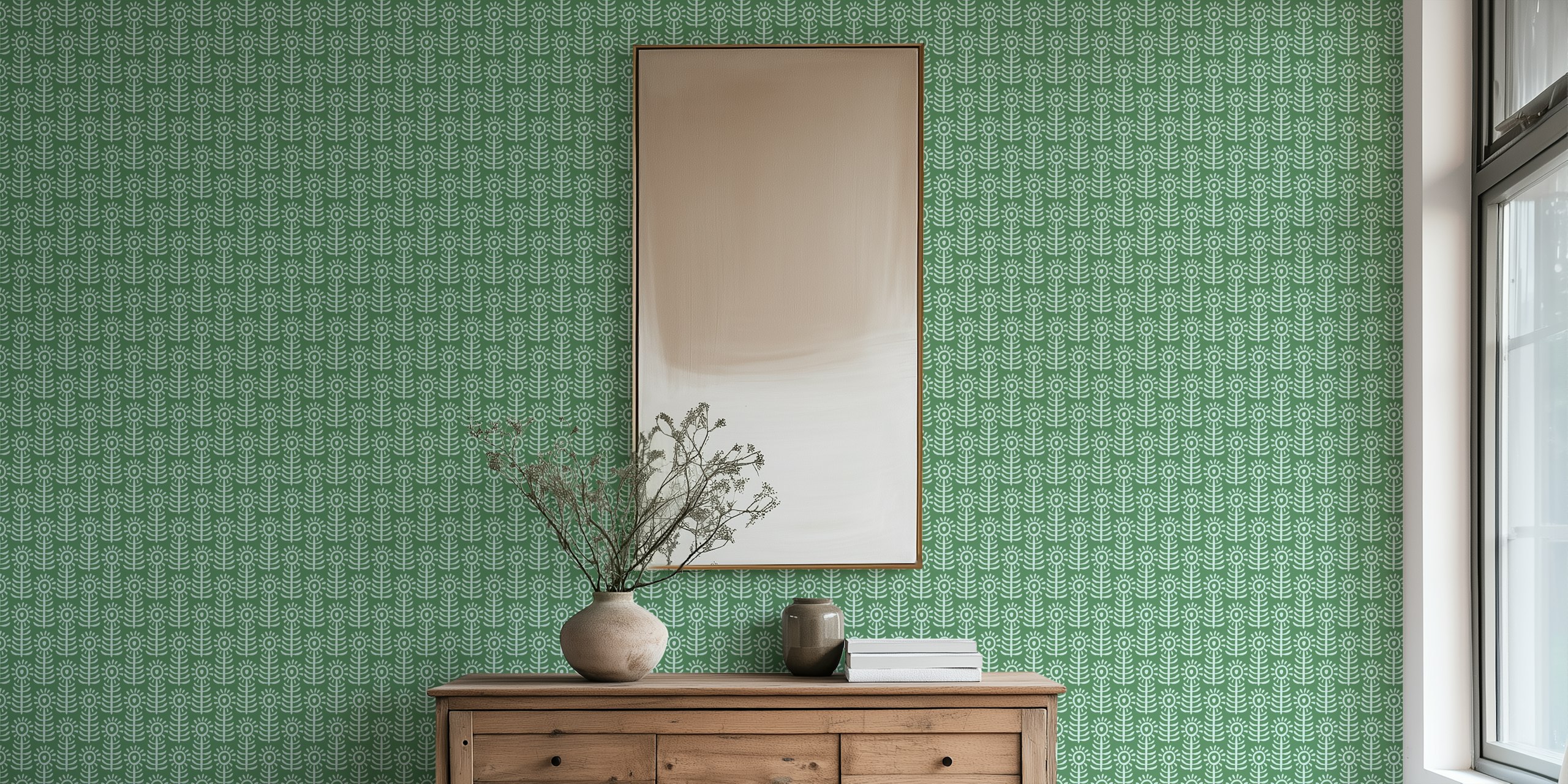 Minimal sunflower green wallpaper in a room