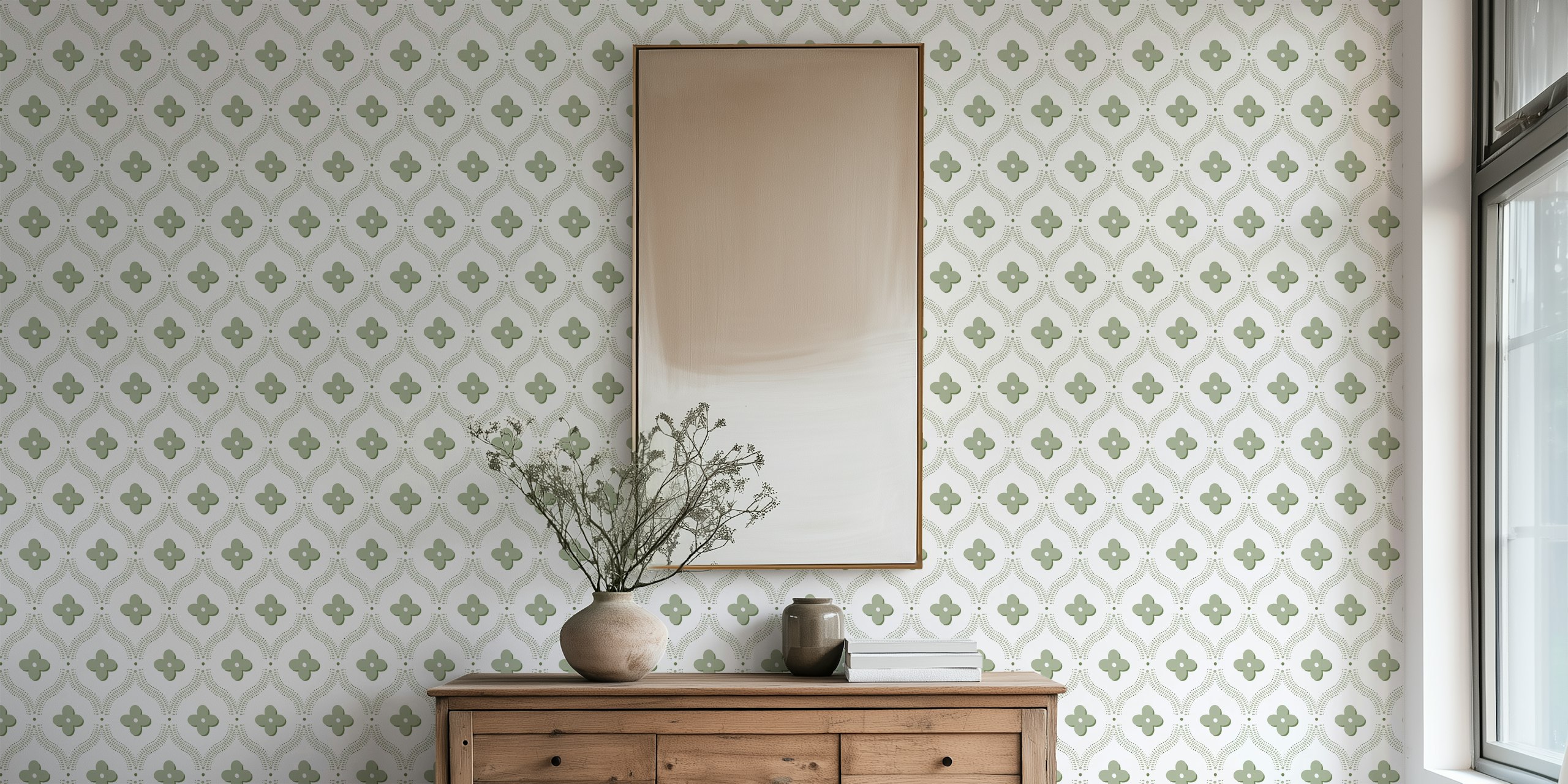 Quatrefoil trellis sage green tapet i et rum