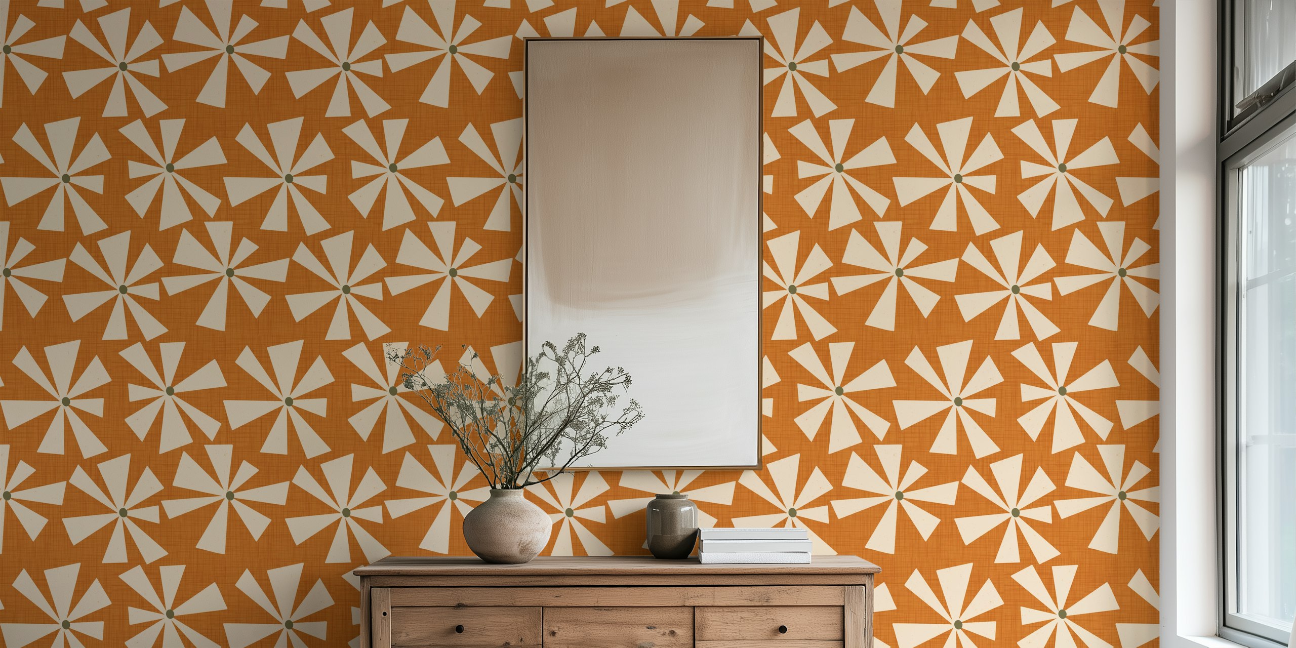 Geometric floral patterns in ochre and cream colors wallpaper