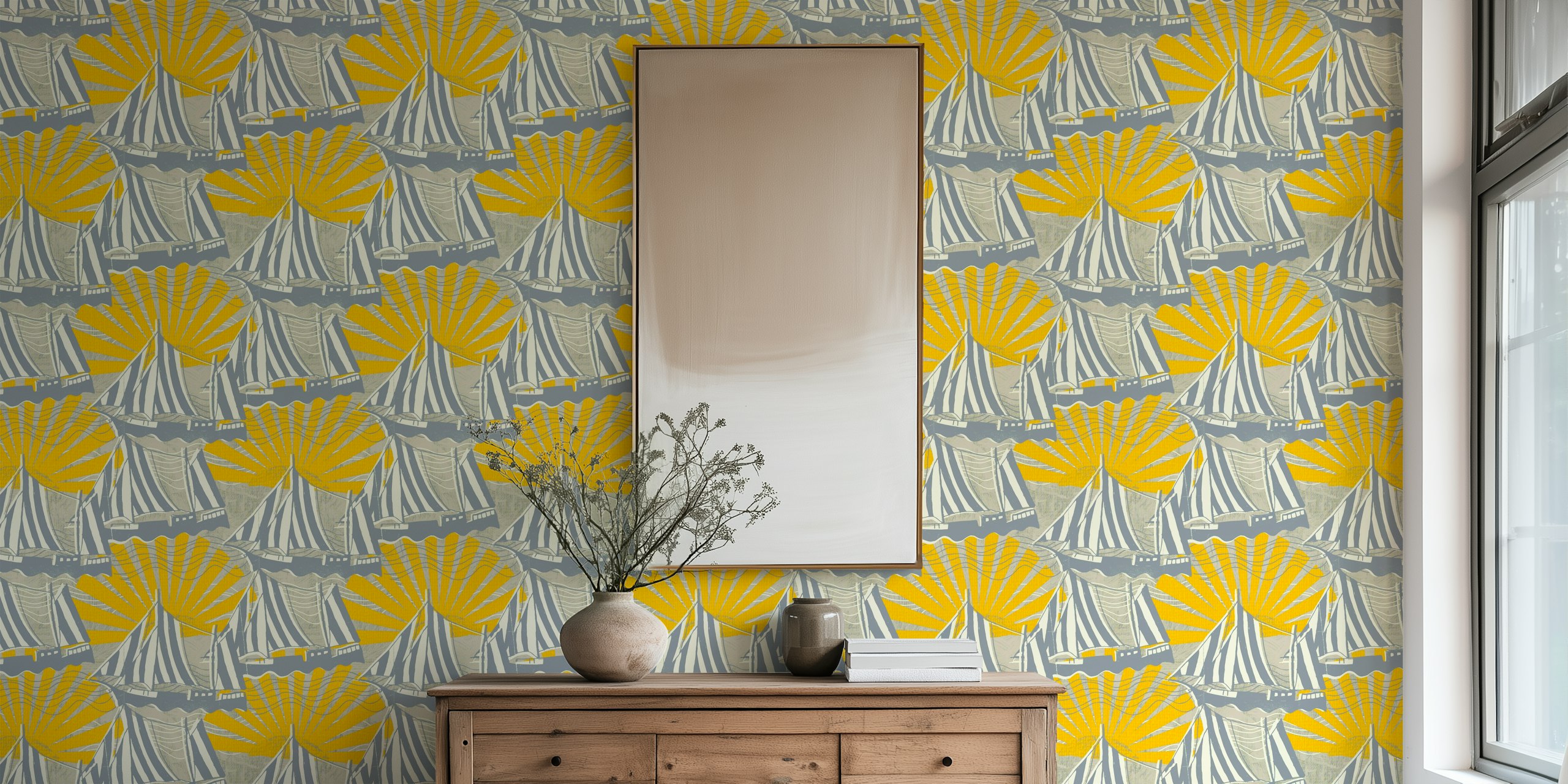 Sailboats and sun yellow grey tapeta u sobi