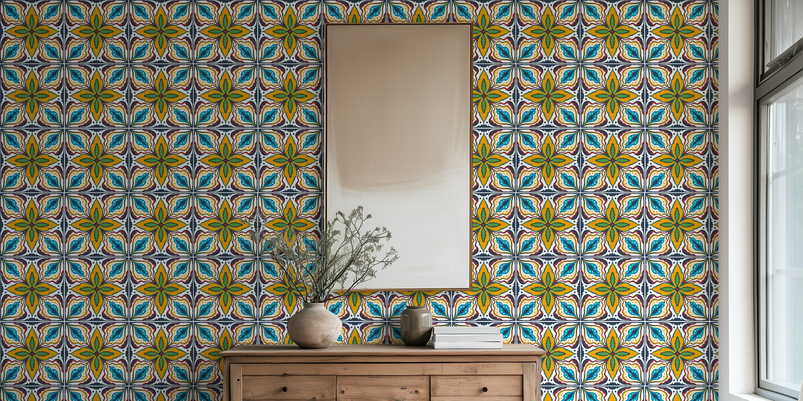Talavera tiles in orange red and blue wallpaper design