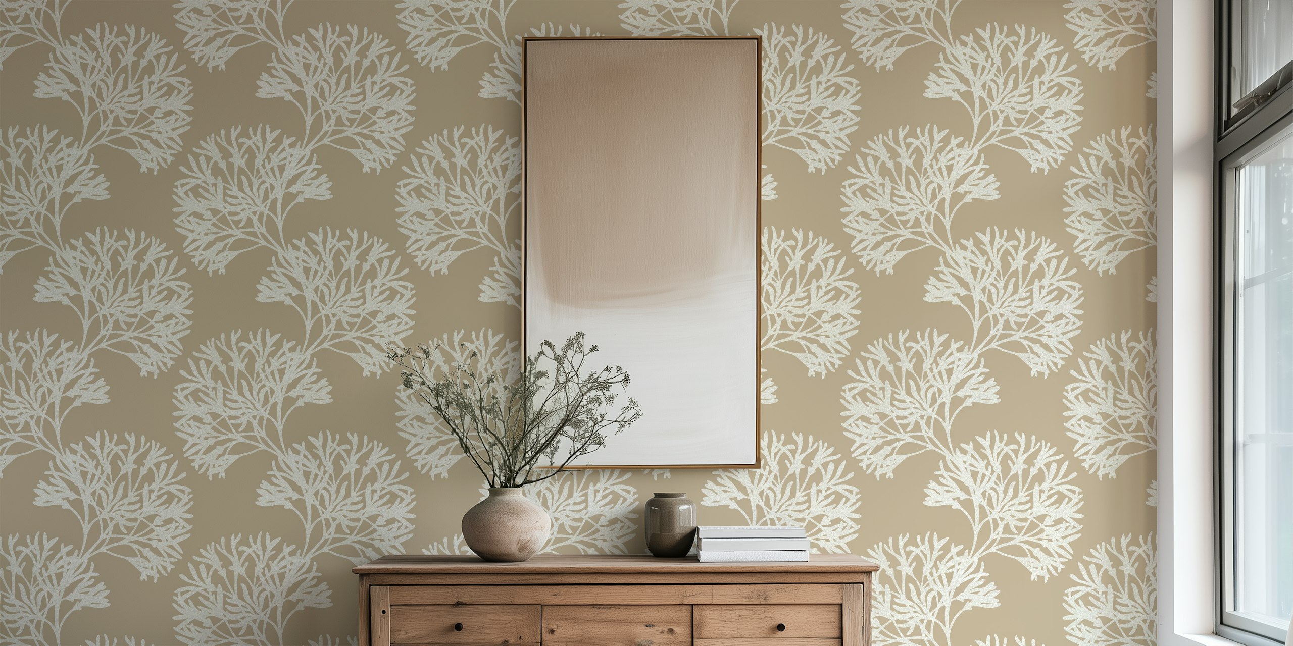 Floral beige and white patterned wallpaper